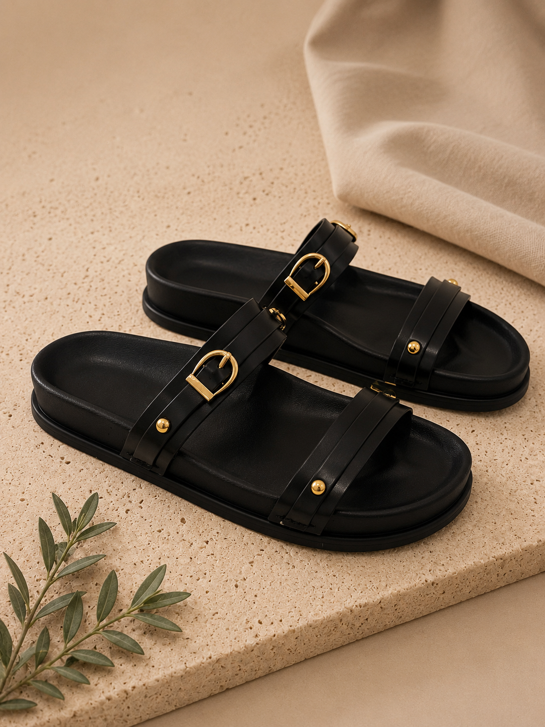 Chinelo com duas fivelas e pormenores dourados | Preto