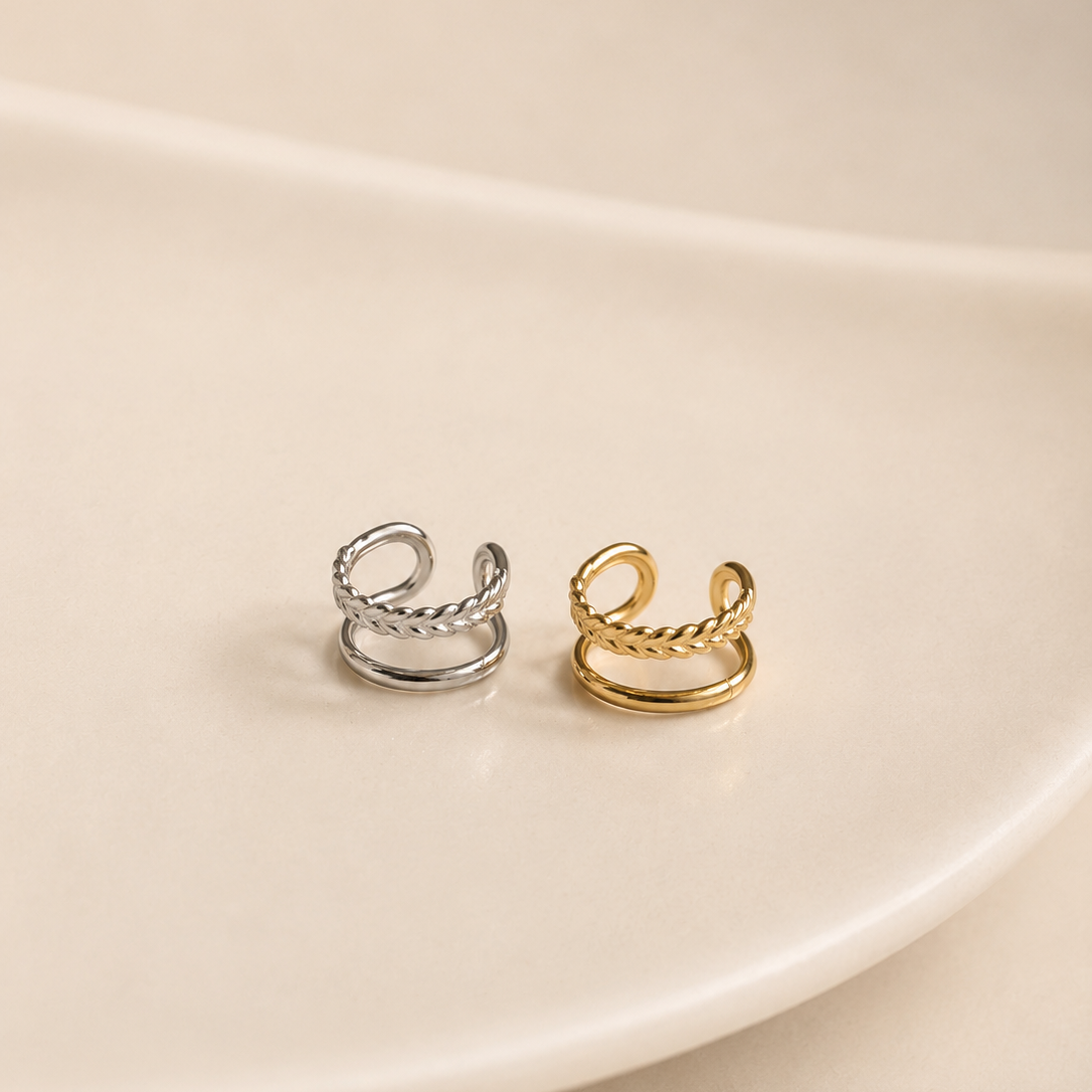 Earcuff ajustável • efeito duplo folhinha e argolinha | 2 Cores