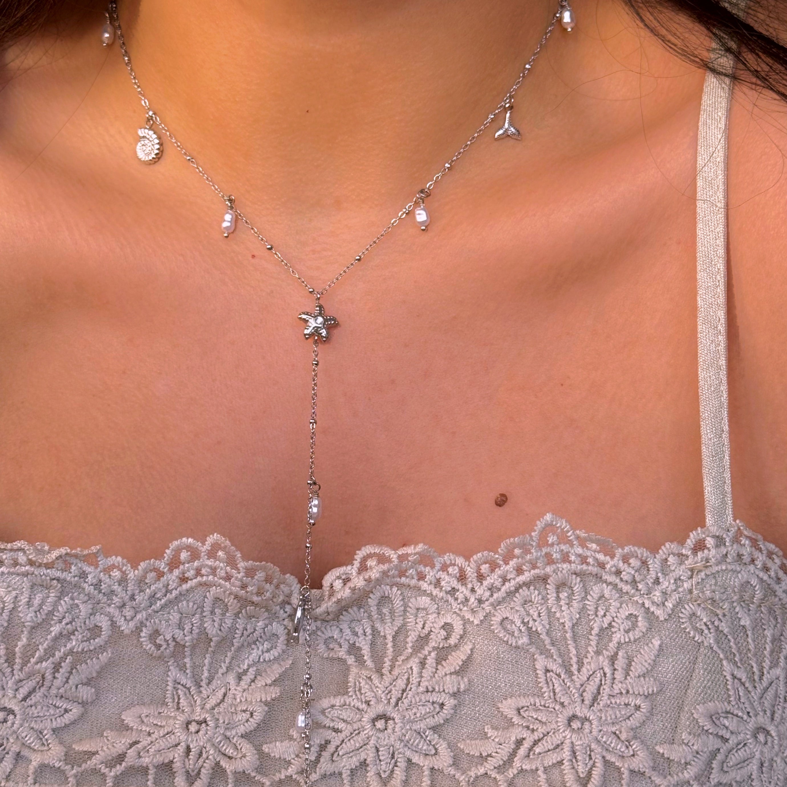 Colar com pérolas e pendentes mar | Prateado