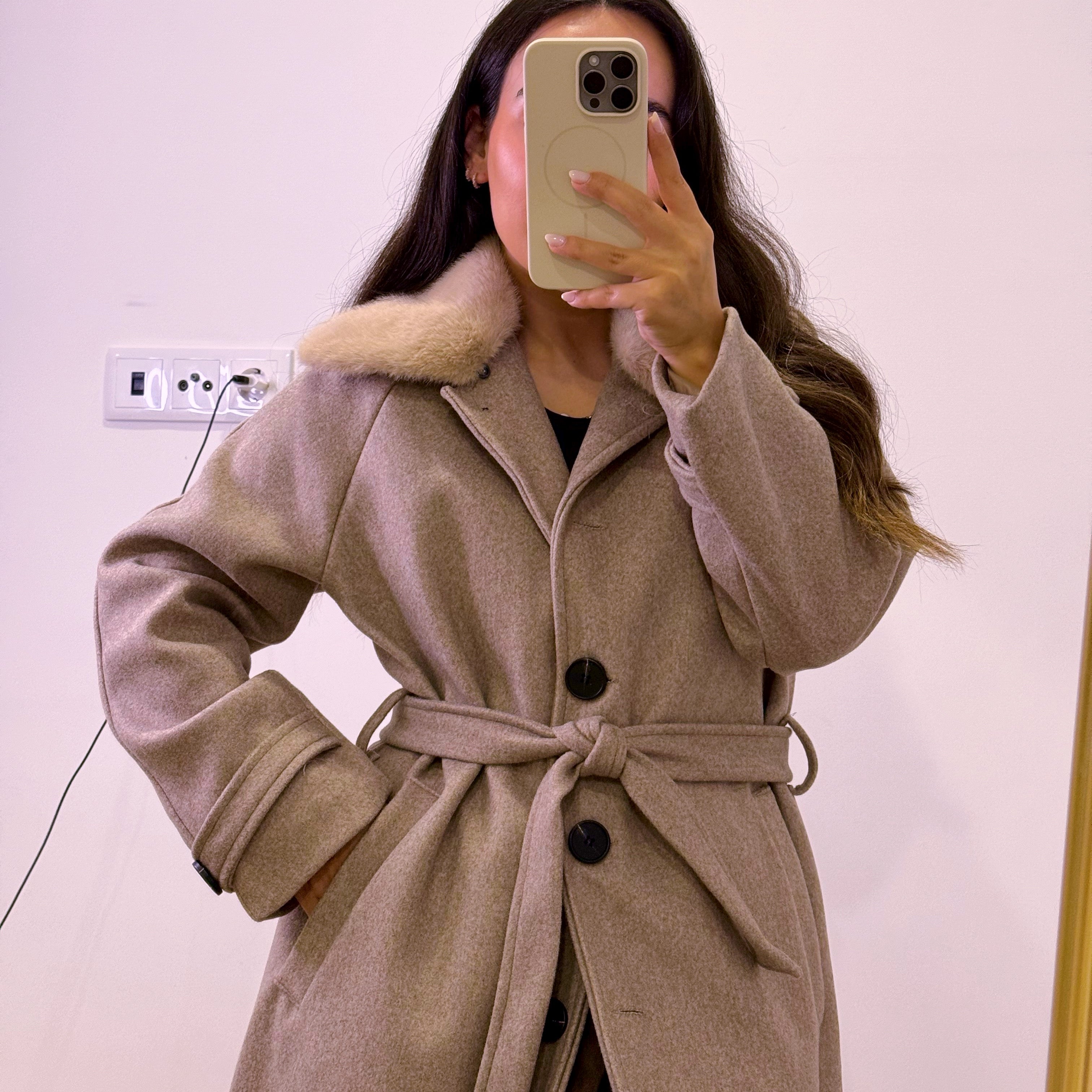 Sobretudo comprido estilo fazenda com gola de pêlo removível | Bege