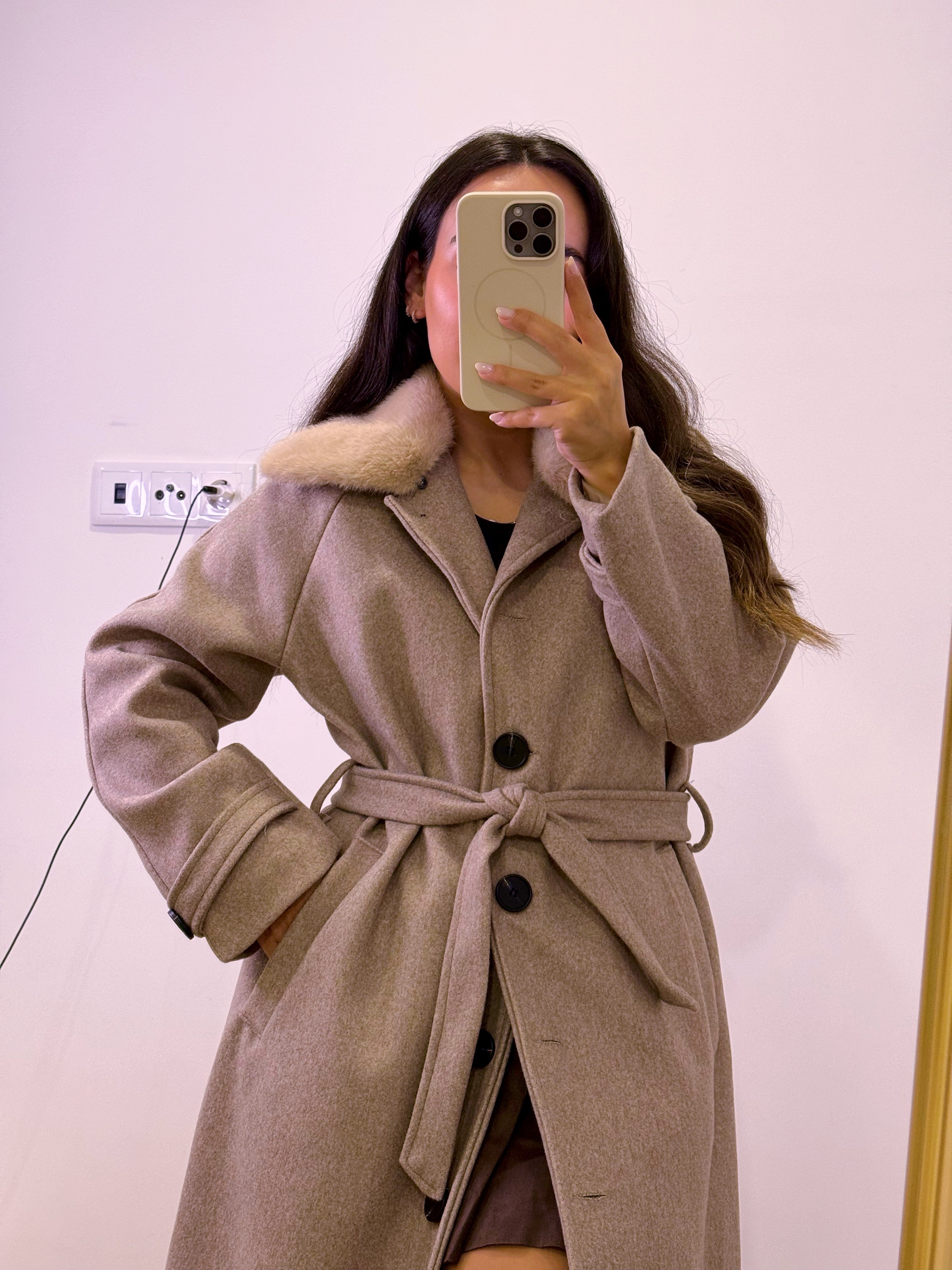 Sobretudo comprido estilo fazenda com gola de pêlo removível | Bege