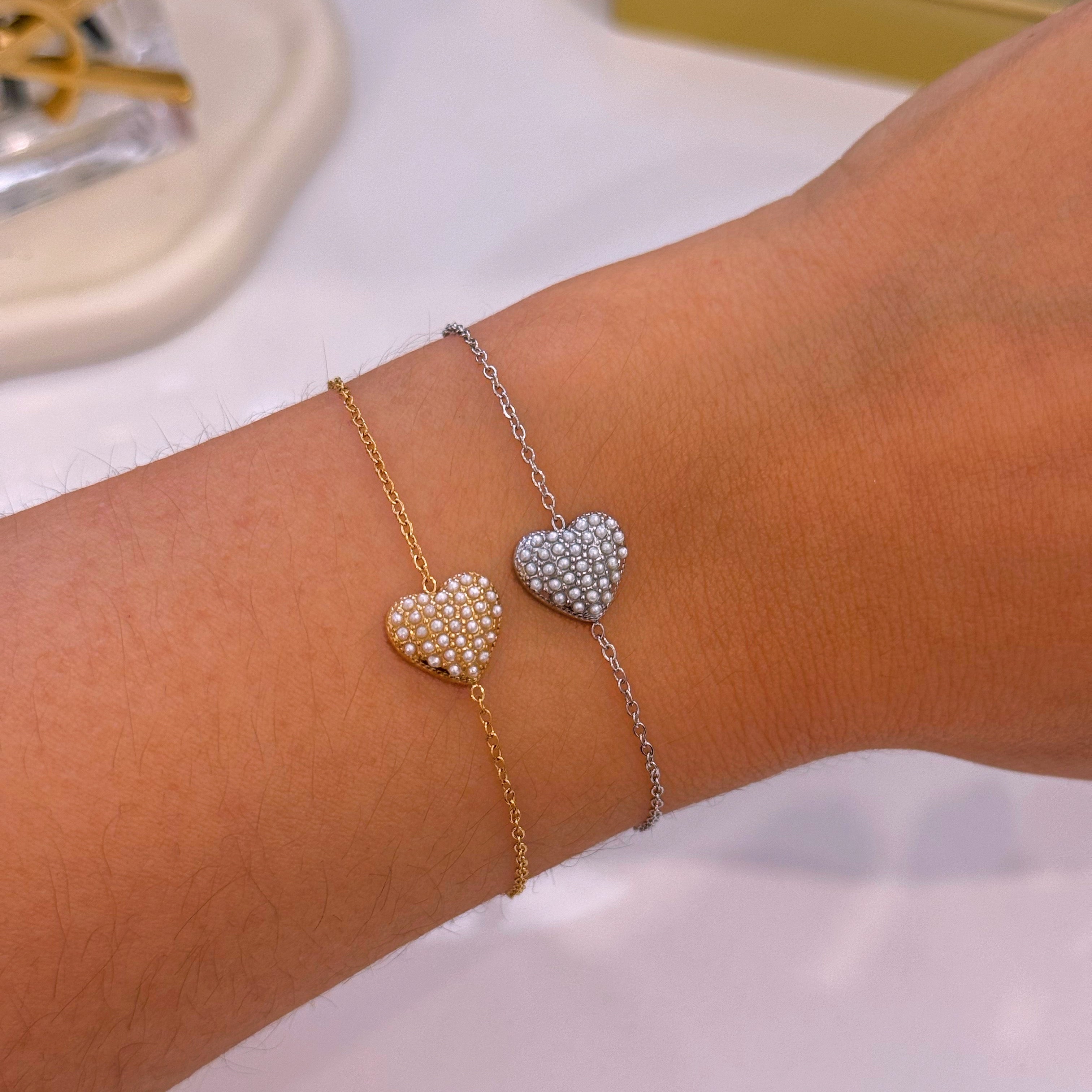 Pulseira delicada • coração preenchido com pérolas | 2 Cores
