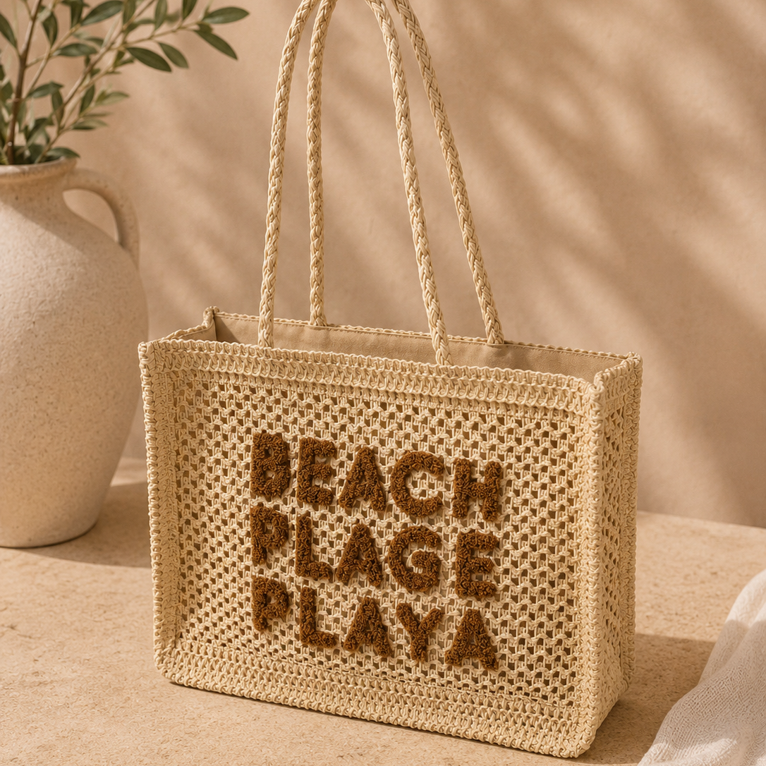 Saco de praia em palha com bordado | “Beach, Plage, Playa”