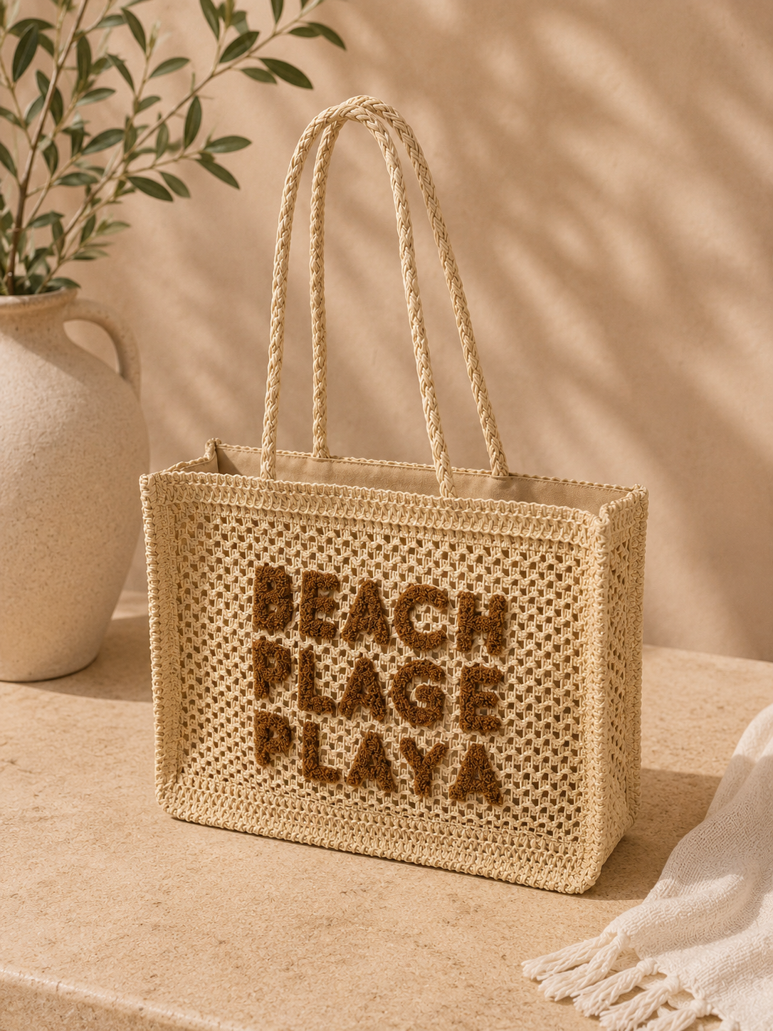 Saco de praia em palha com bordado | “Beach, Plage, Playa”