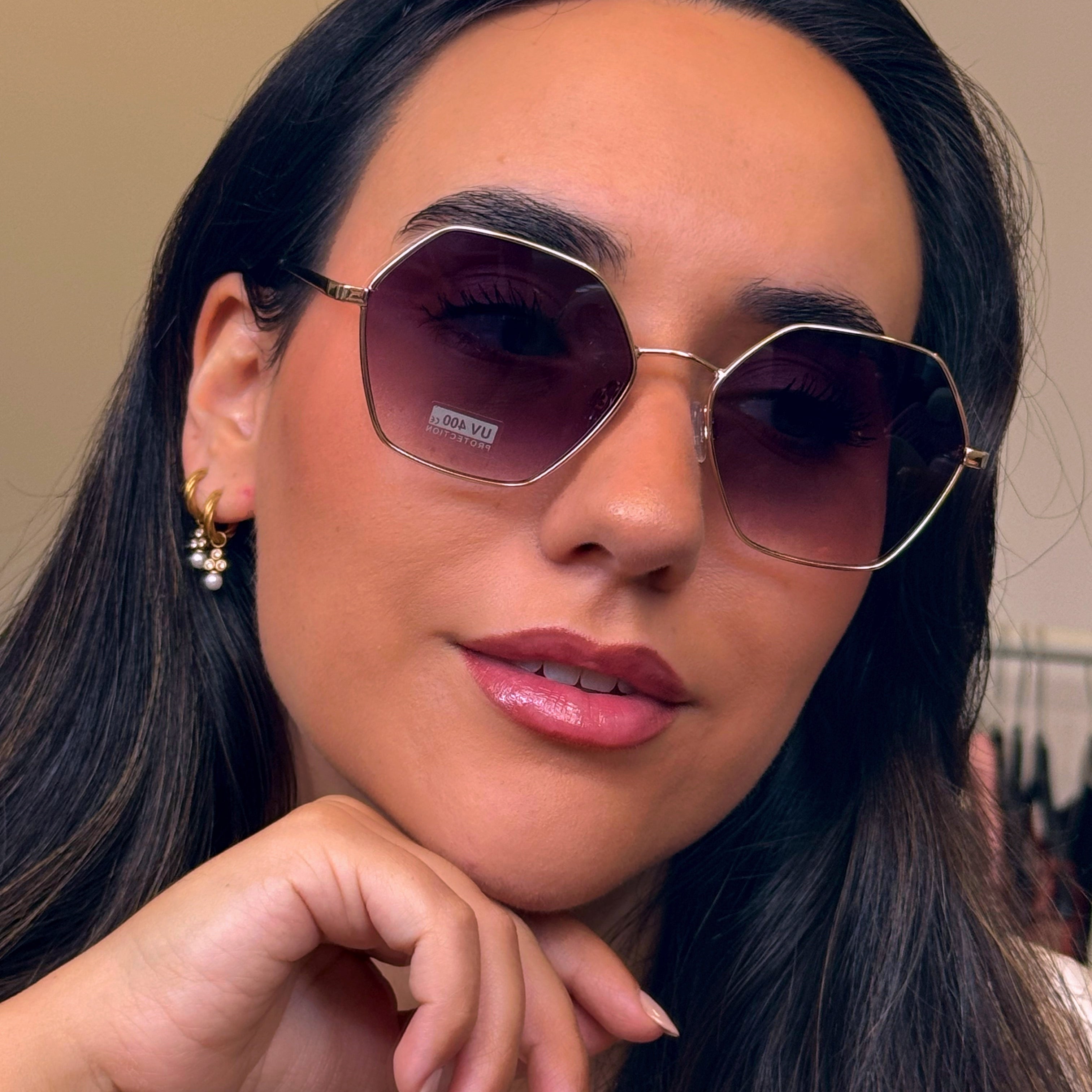 Óculos de metal hexagonais | Dourado com lente Preta
