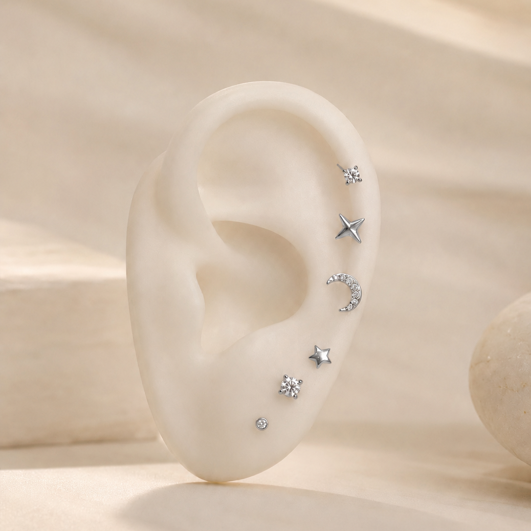 Conjunto com 6 piercings ~ lua estrelinha e brilhantes | Prateado • aço inoxidável