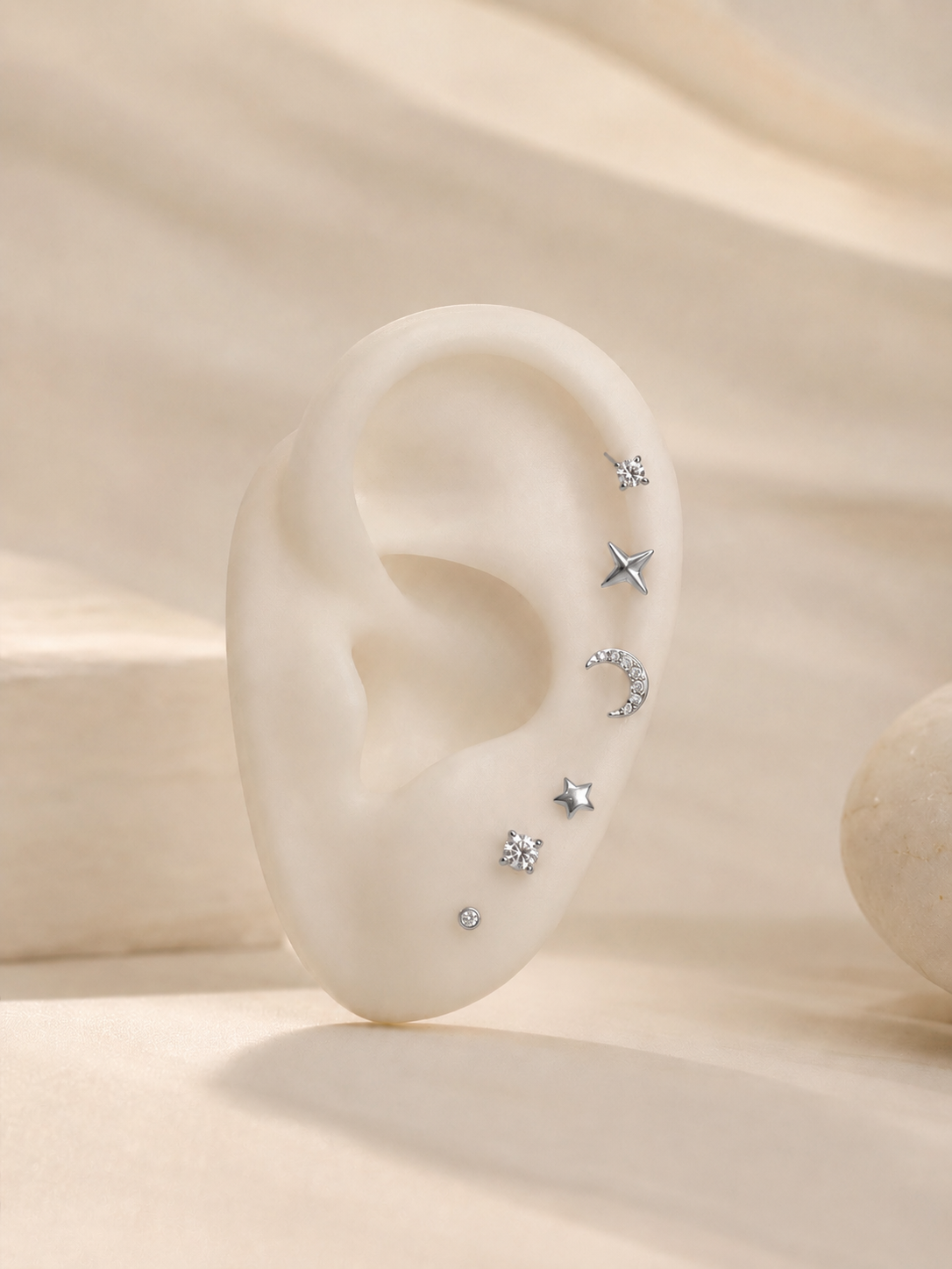 Conjunto com 6 piercings ~ lua estrelinha e brilhantes | Prateado • aço inoxidável