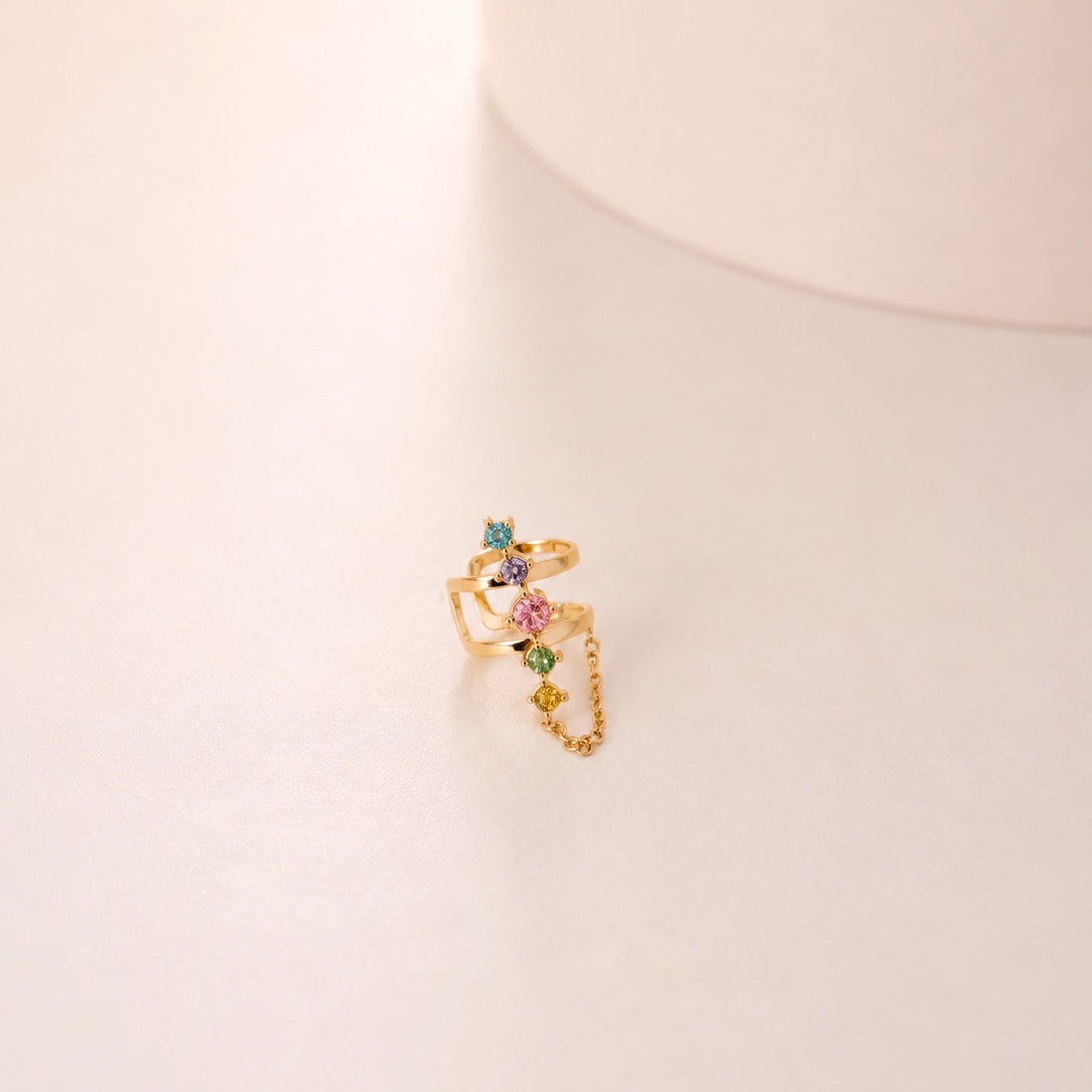Earcuff ajustável • contorno de brilhantes coloridos | Dourado - aço inoxidável