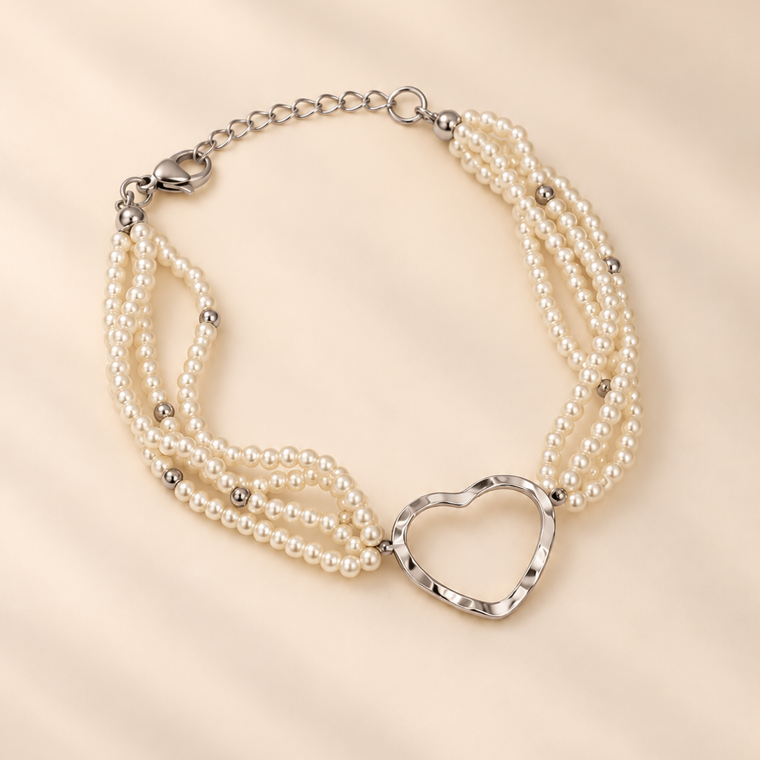 Pulseira de pérolas com coração | Prateado