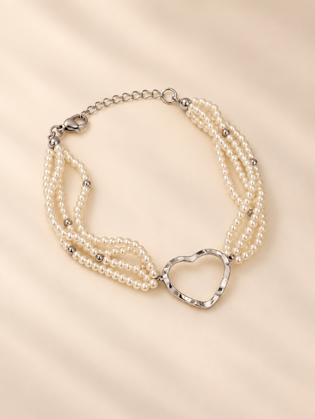 Pulseira de pérolas com coração | Prateado