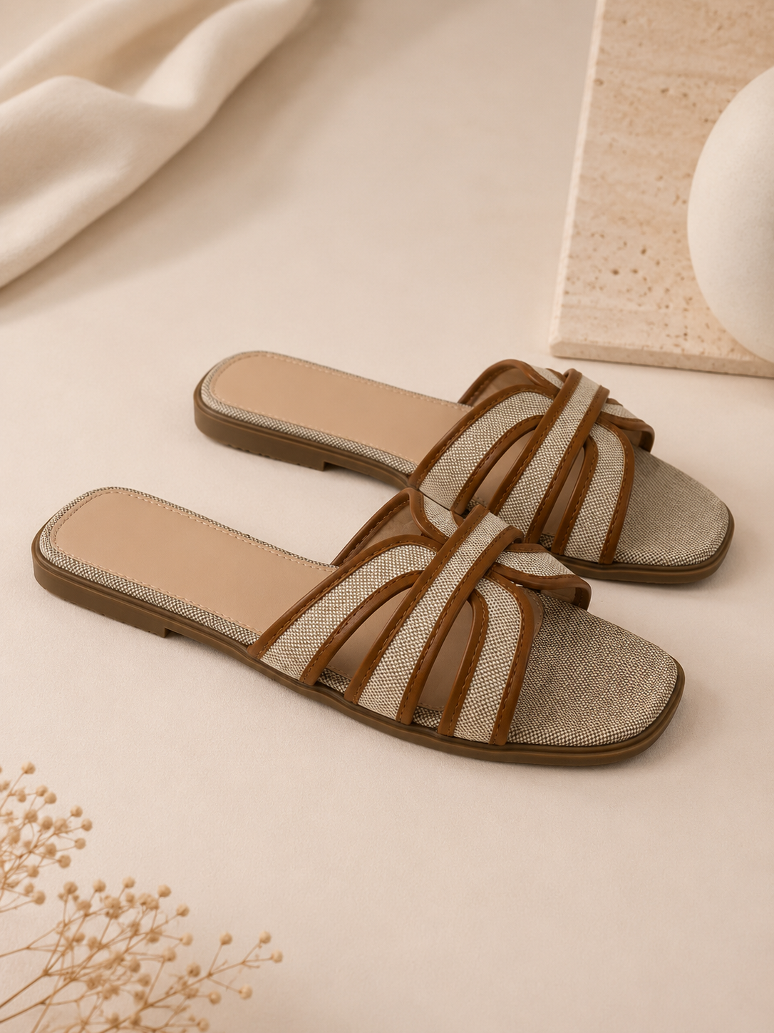 Chinelo com fivelas entrelaçadas | Bege e Castanho