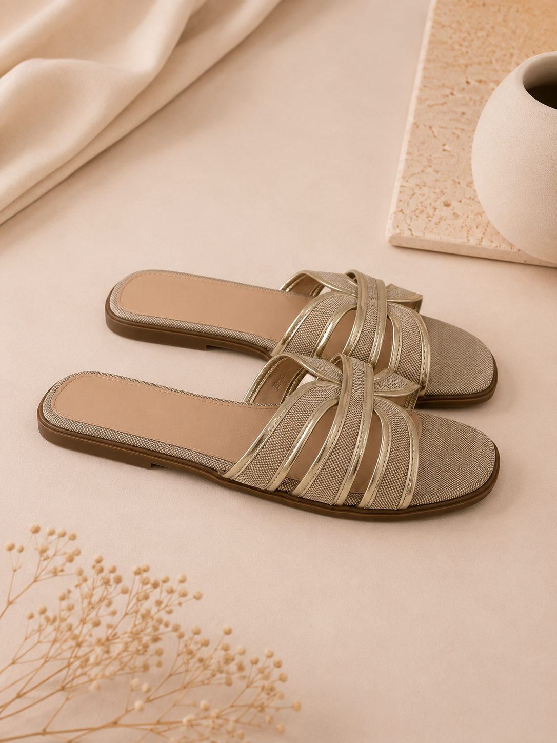 Chinelo com fivelas entrelaçadas | Bege e Dourado