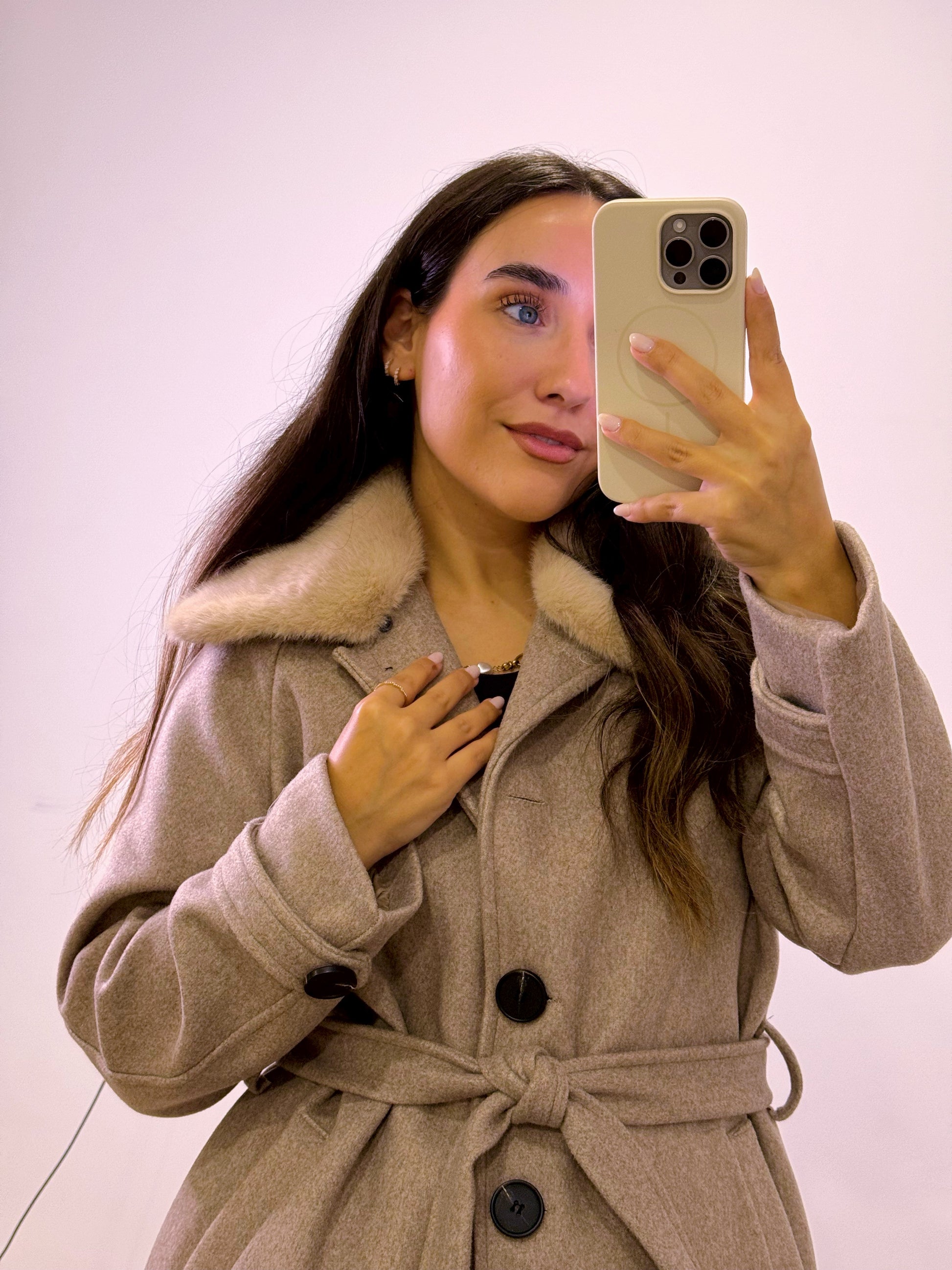 Sobretudo comprido estilo fazenda com gola de pêlo removível | Bege