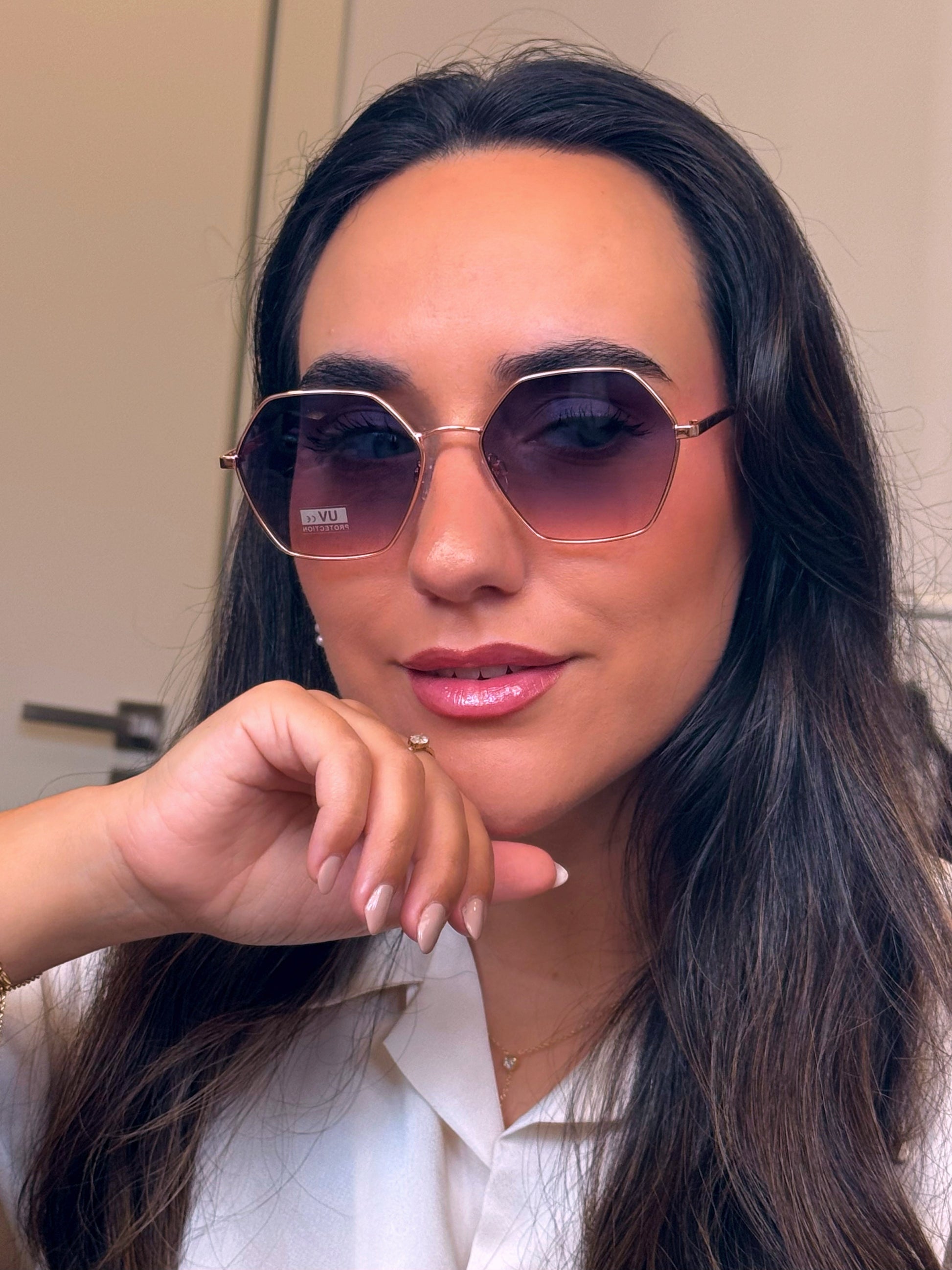 Óculos de metal hexagonais | Rose Gold com lente Azul/Rosada