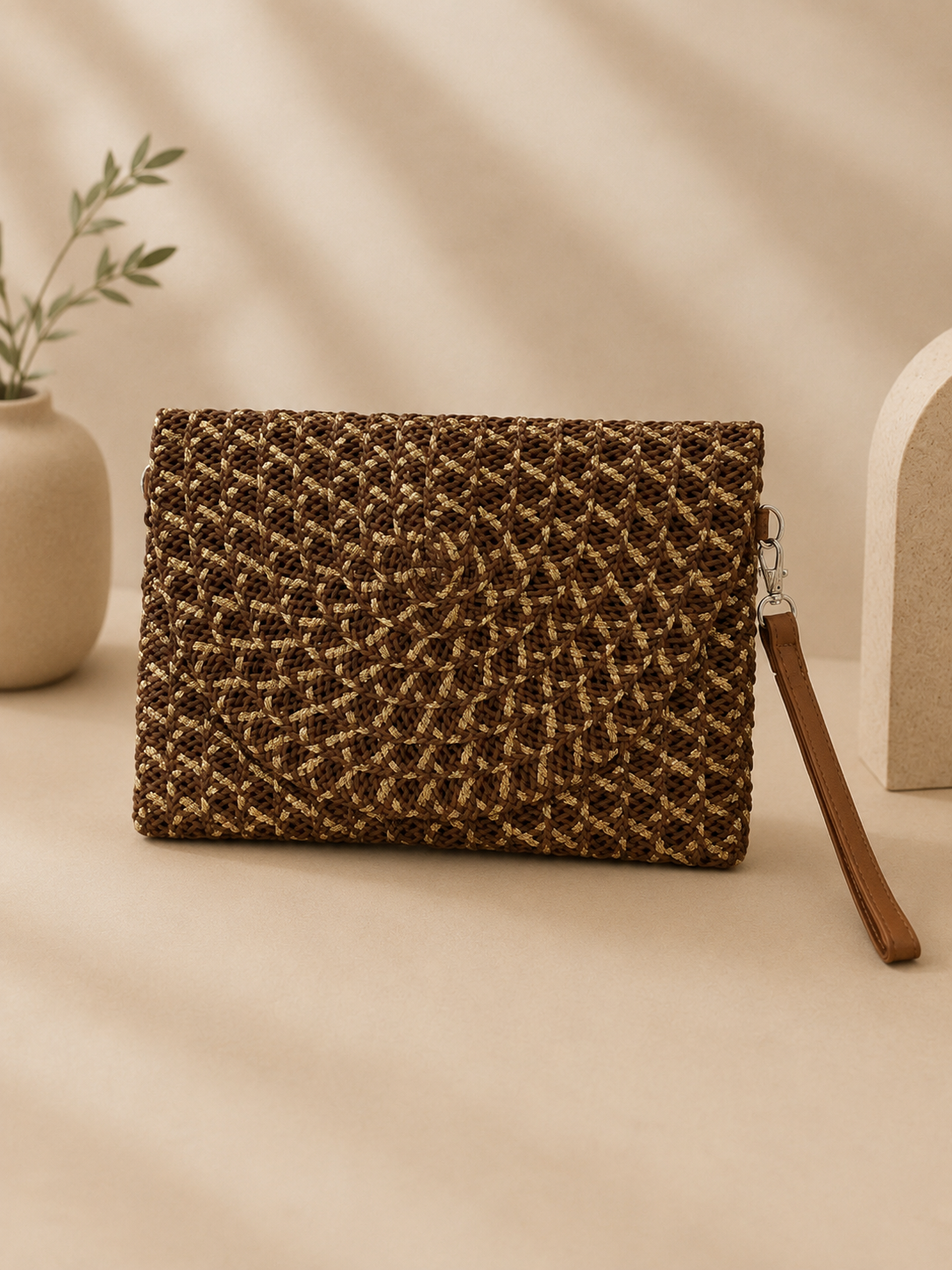 Clutch de palha estilo envelope | Castanho e Dourado