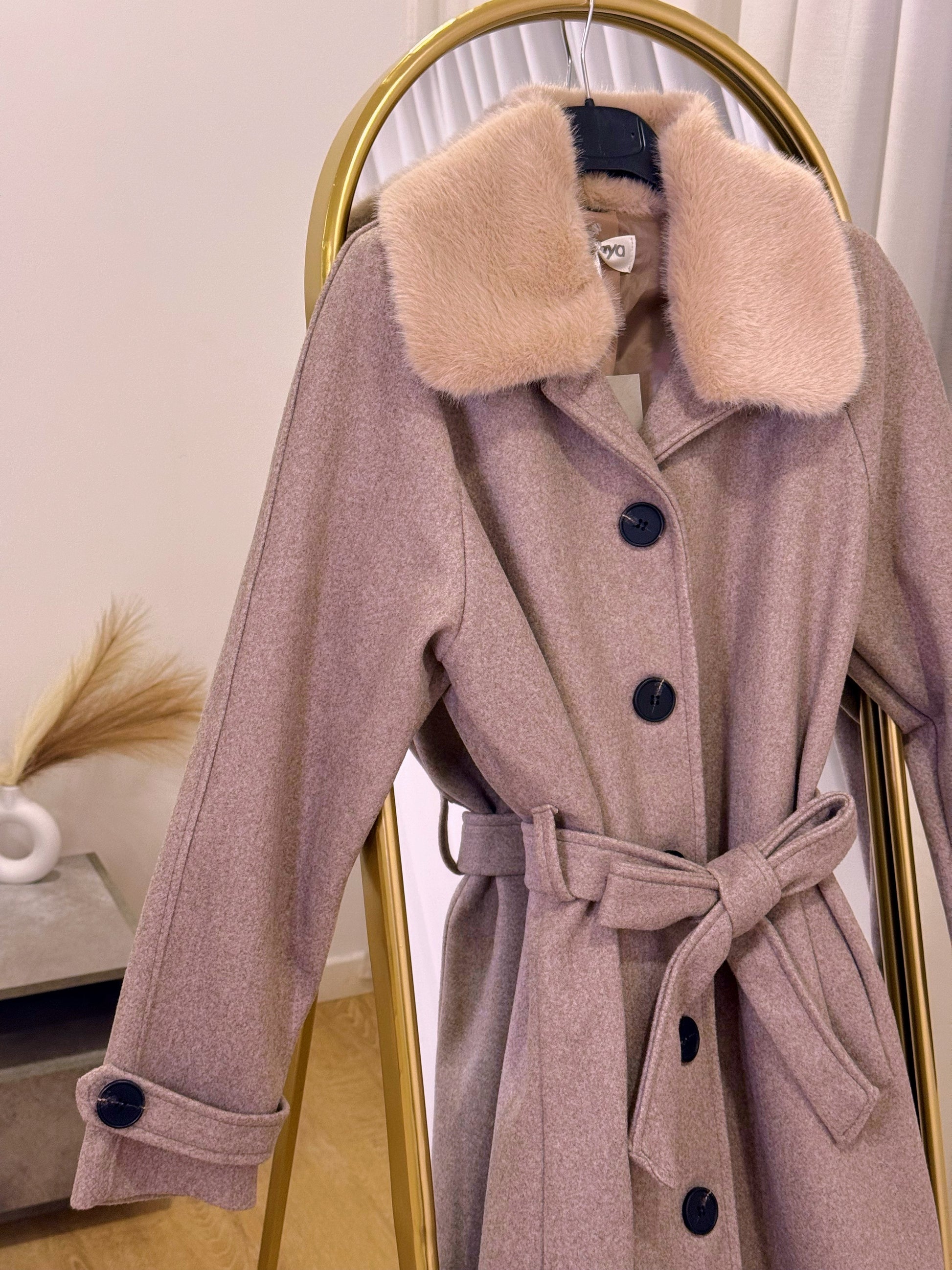 Sobretudo comprido estilo fazenda com gola de pêlo removível | Bege