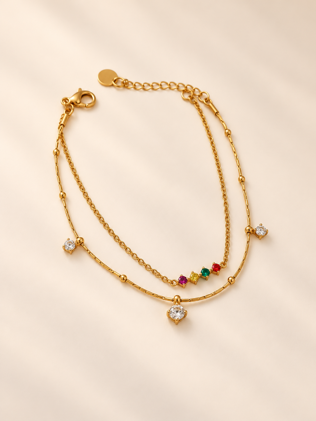 Pulseira efeito duplo malha fina e corrente com brilhantes | Brilhantes Coloridos