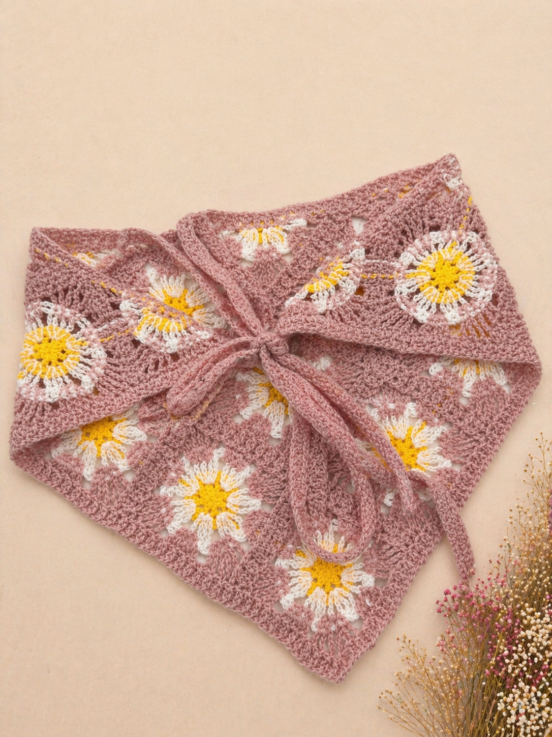 Bandana multifuncional em croché | Rosa com Flores