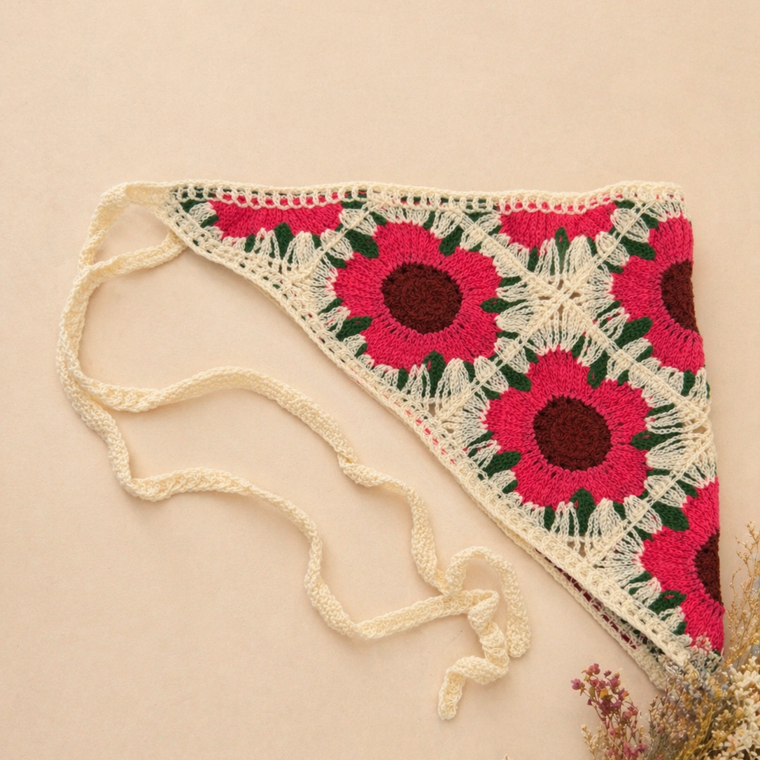 Bandana multifuncional em croché | Bege com Flores Rosa e Bordô