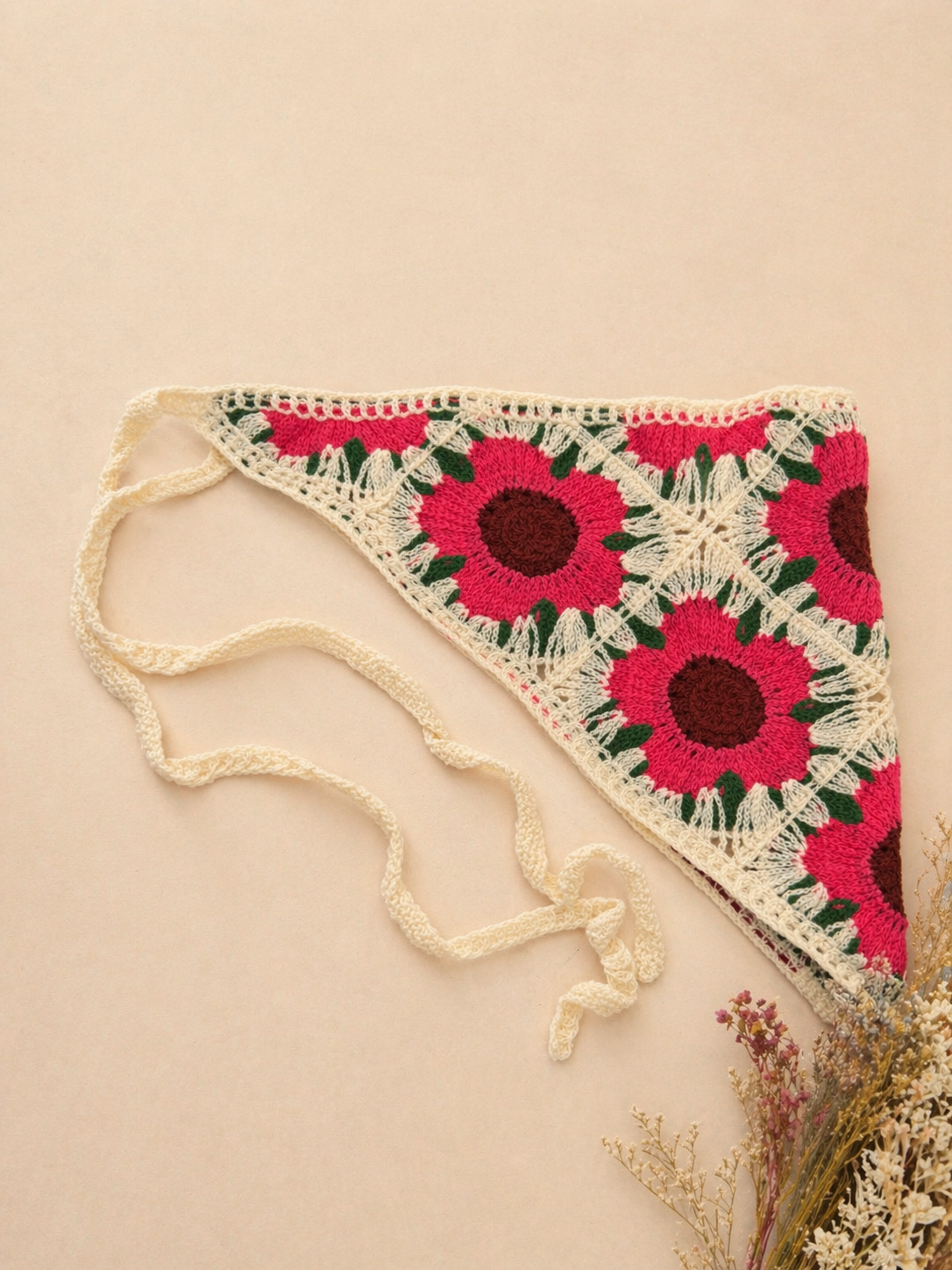 Bandana multifuncional em croché | Bege com Flores Rosa e Bordô