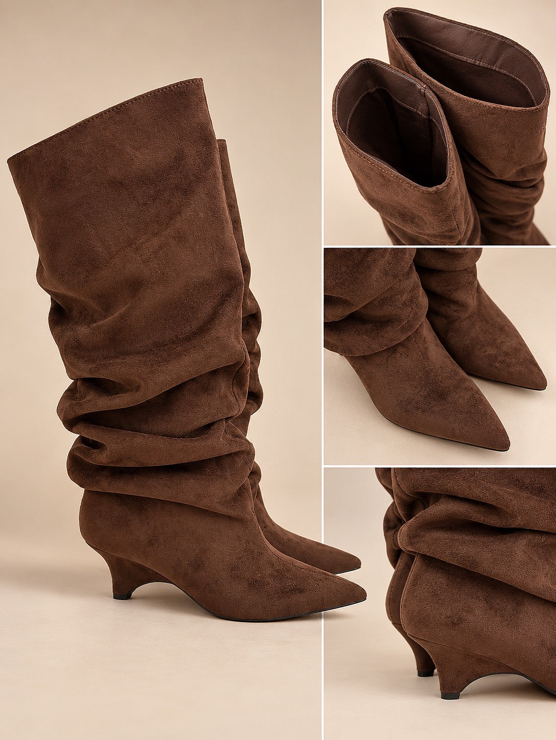 Bota estilo enrugada cano alto | Castanho chocolate