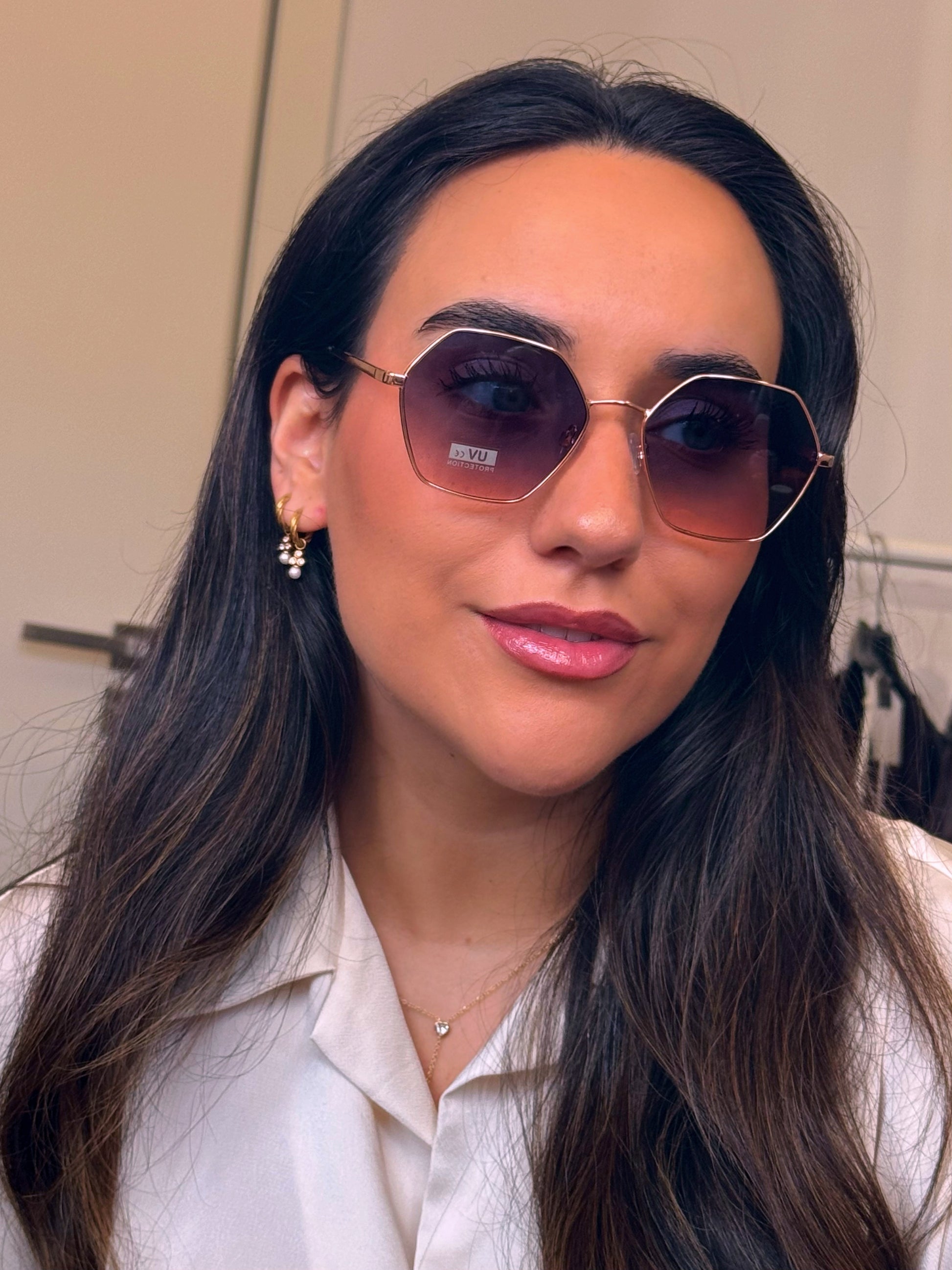 Óculos de metal hexagonais | Rose Gold com lente Azul/Rosada