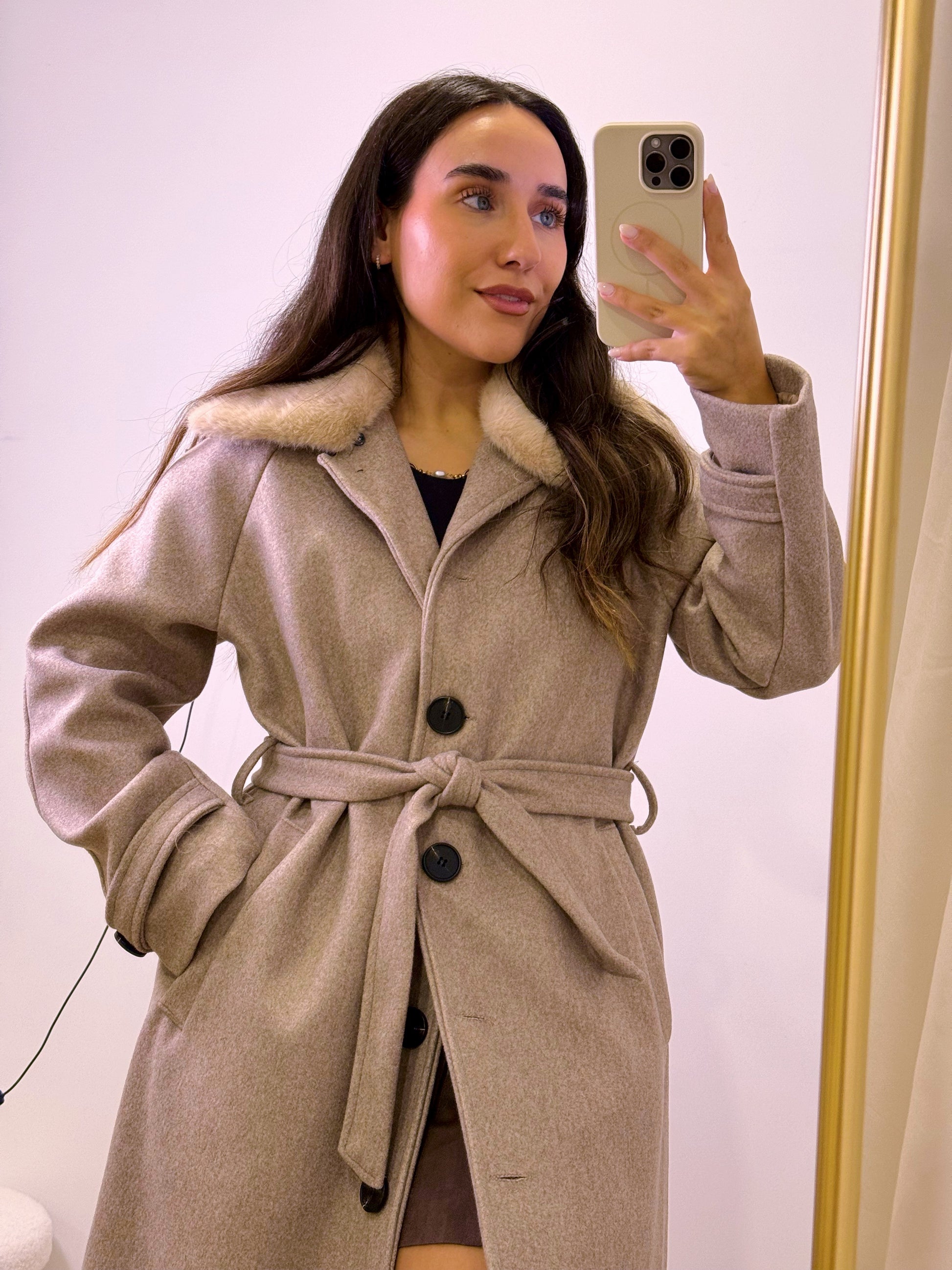 Sobretudo comprido estilo fazenda com gola de pêlo removível | Bege