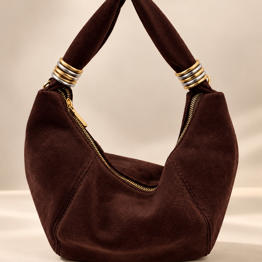 Mala de ombro estilo hobo com mix de argolas metálicas | Castanho chocolate • toque aveludado