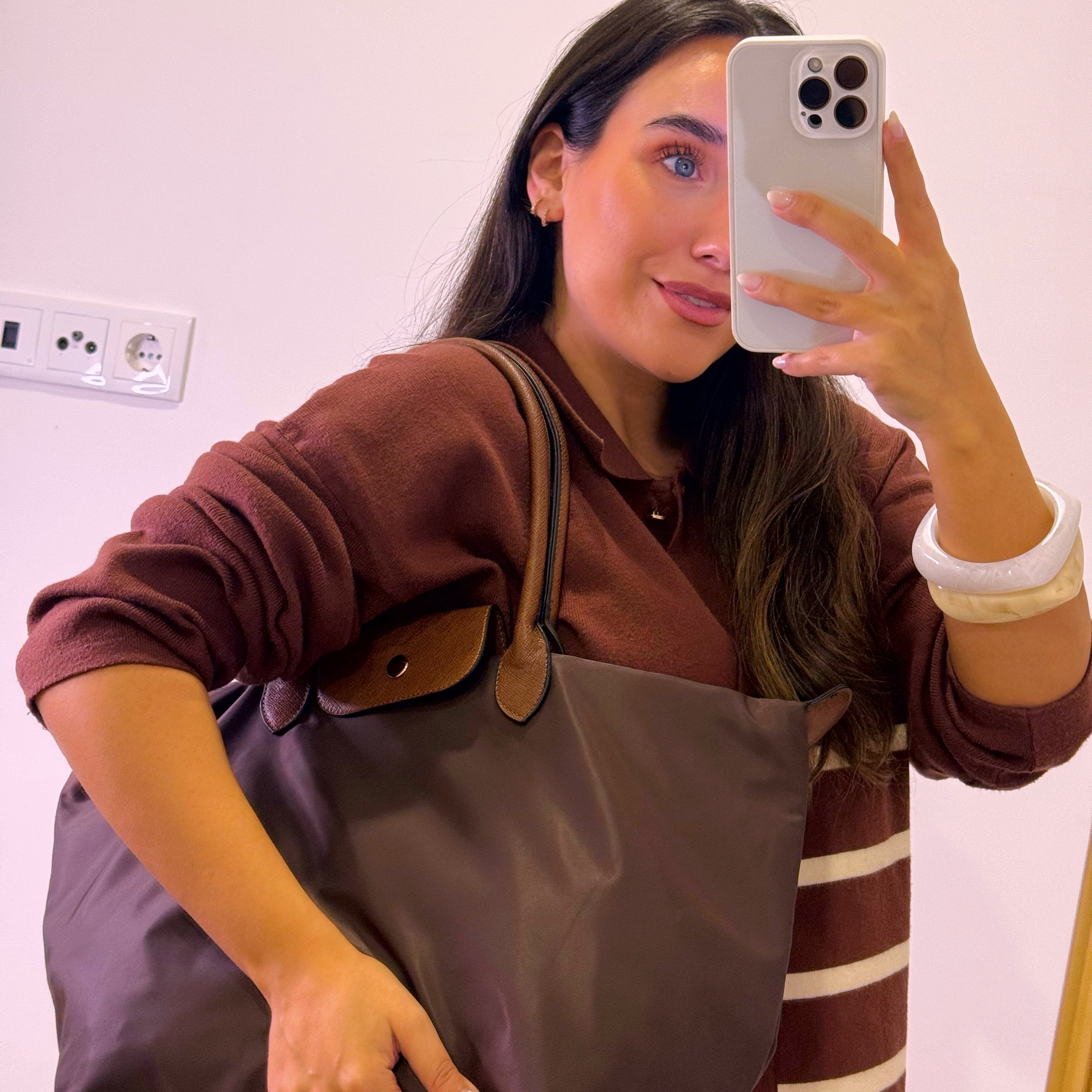 Mala de ombro grande em tecido • Shopper / Tote Bag • tamanho L  | Castanho