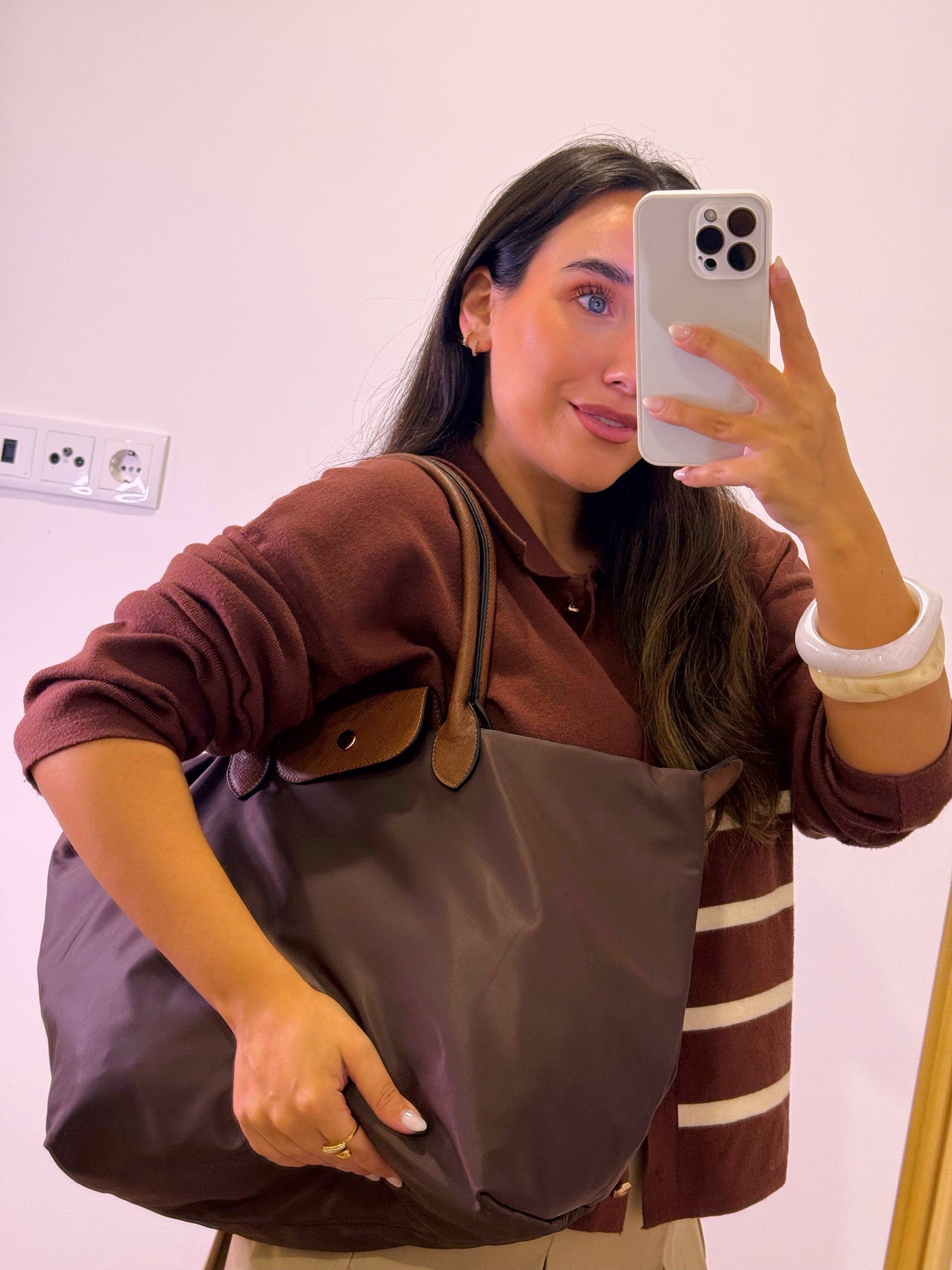 Mala de ombro grande em tecido • Shopper / Tote Bag • tamanho L  | Castanho