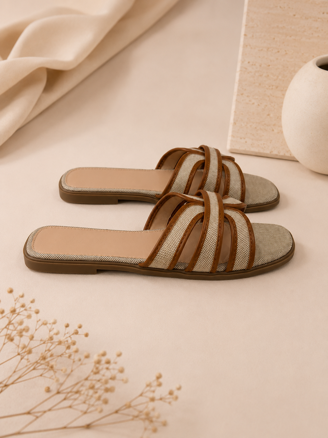 Chinelo com fivelas entrelaçadas | Bege e Castanho