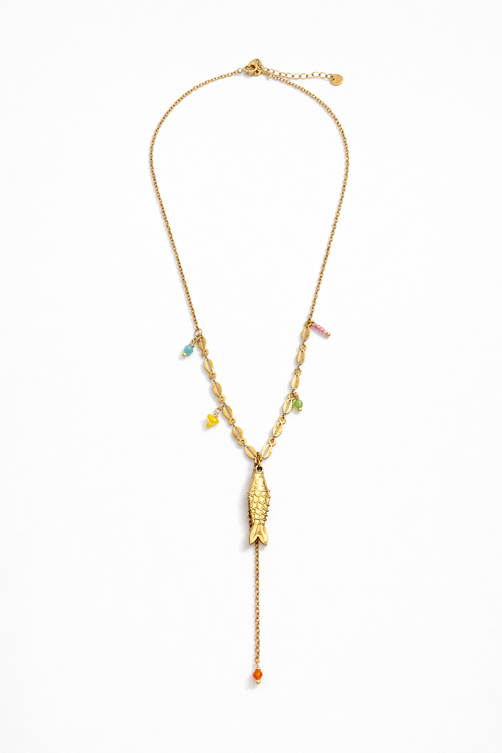 Colar delicado com peixe e pedrinhas coloridas | Dourado