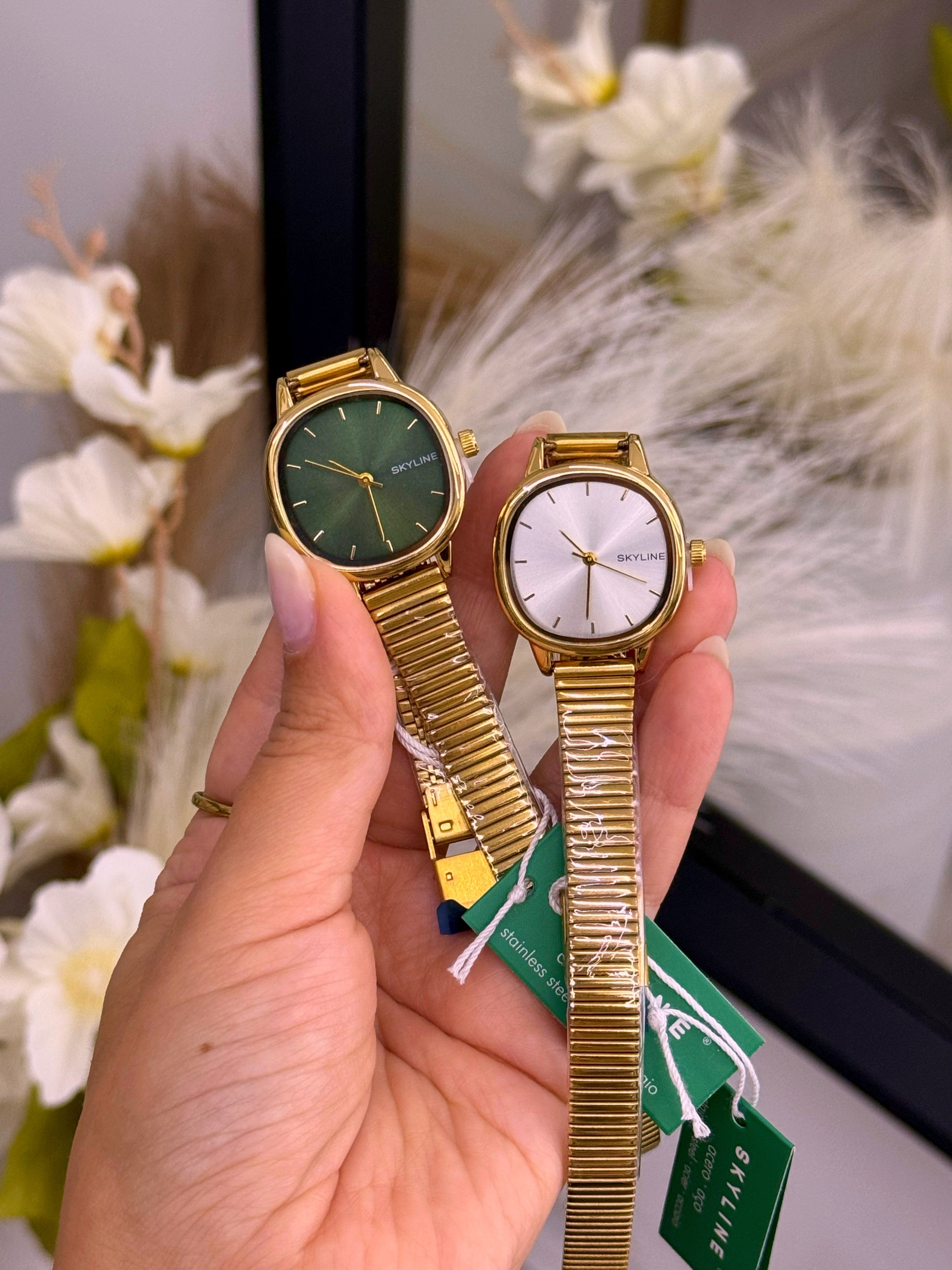 Relógio analógico com mostrador redondo | Dourado com fundo verde