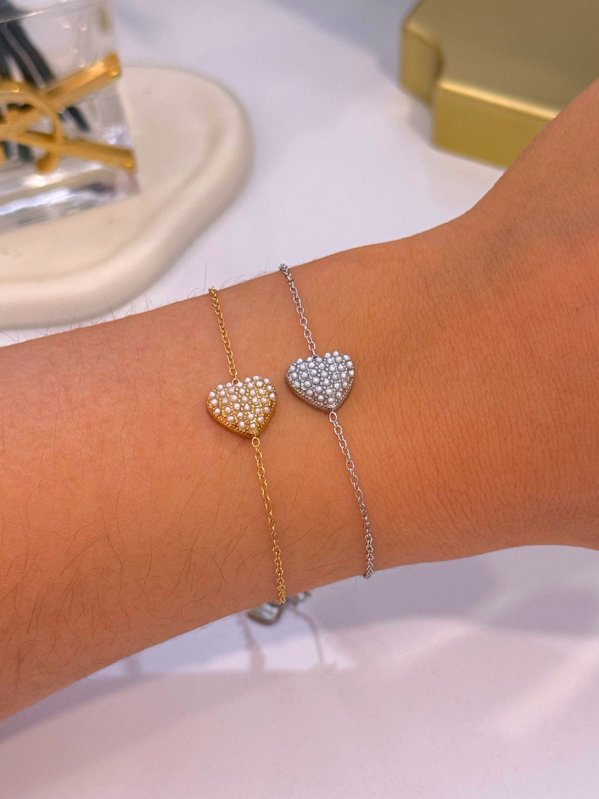 Pulseira delicada • coração preenchido com pérolas | 2 Cores