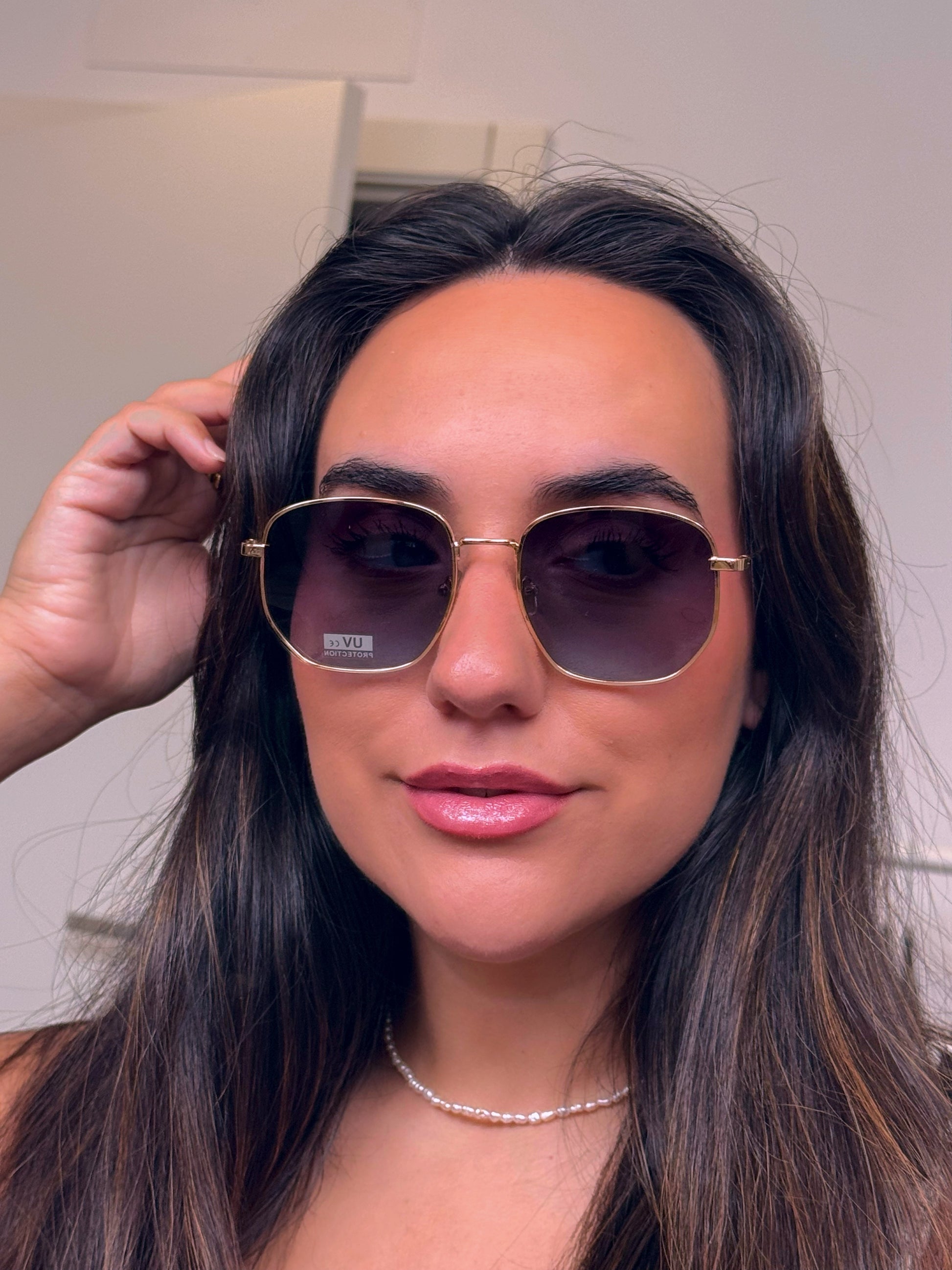 Óculos hexagonais com armação de metal | Dourado com lente azul