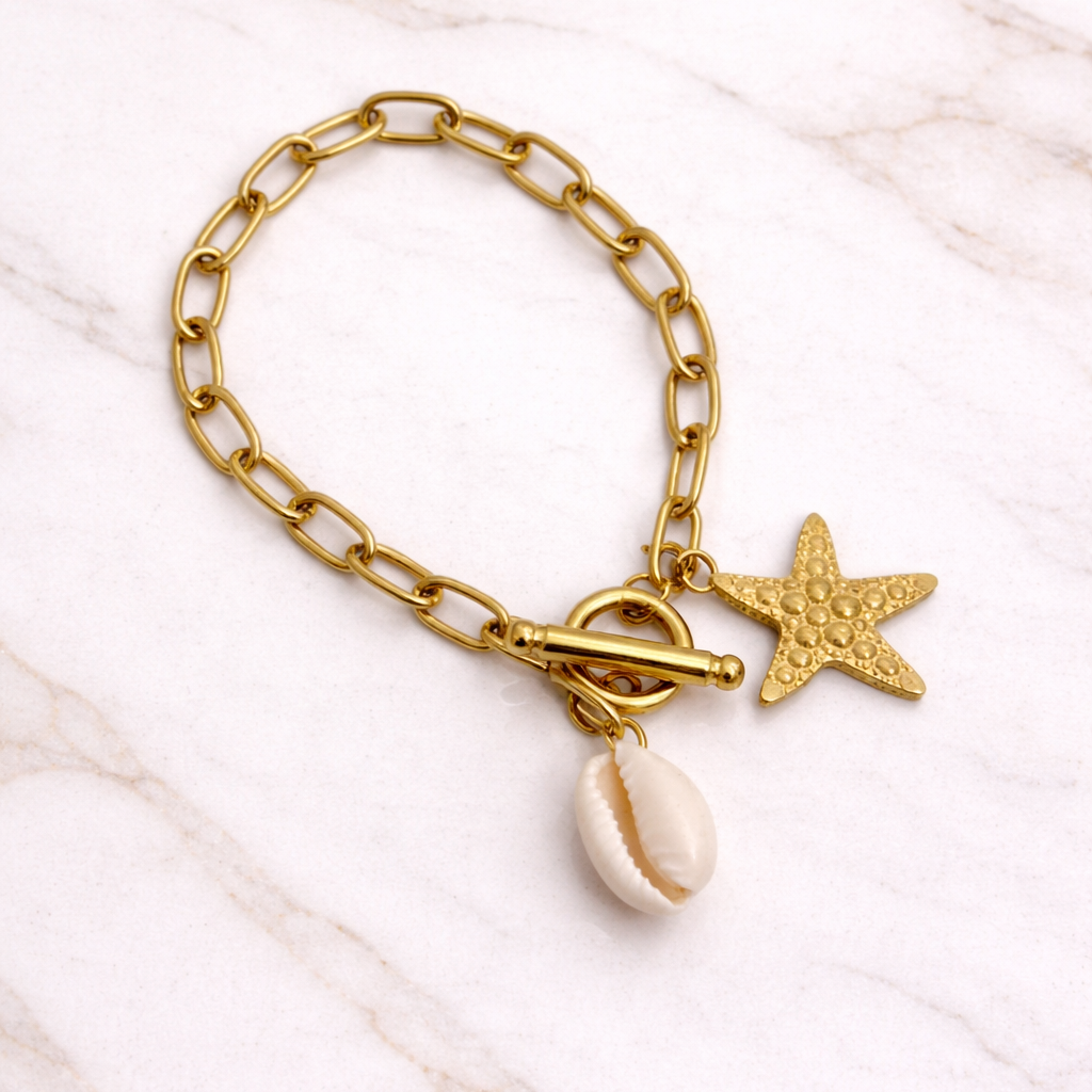 𝐄𝐝𝐢𝐜̧𝐚̃𝐨 𝐋𝐢𝐦𝐢𝐭𝐚𝐝𝐚 𝐕𝐞𝐫𝐚̃𝐨 🐚 Pulseira corrente com concha e estrela do mar | Dourado