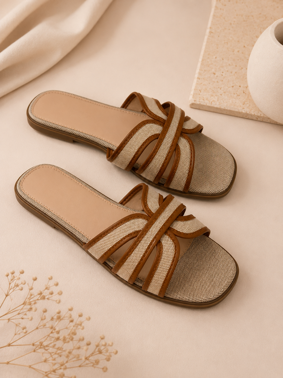 Chinelo com fivelas entrelaçadas | Bege e Castanho