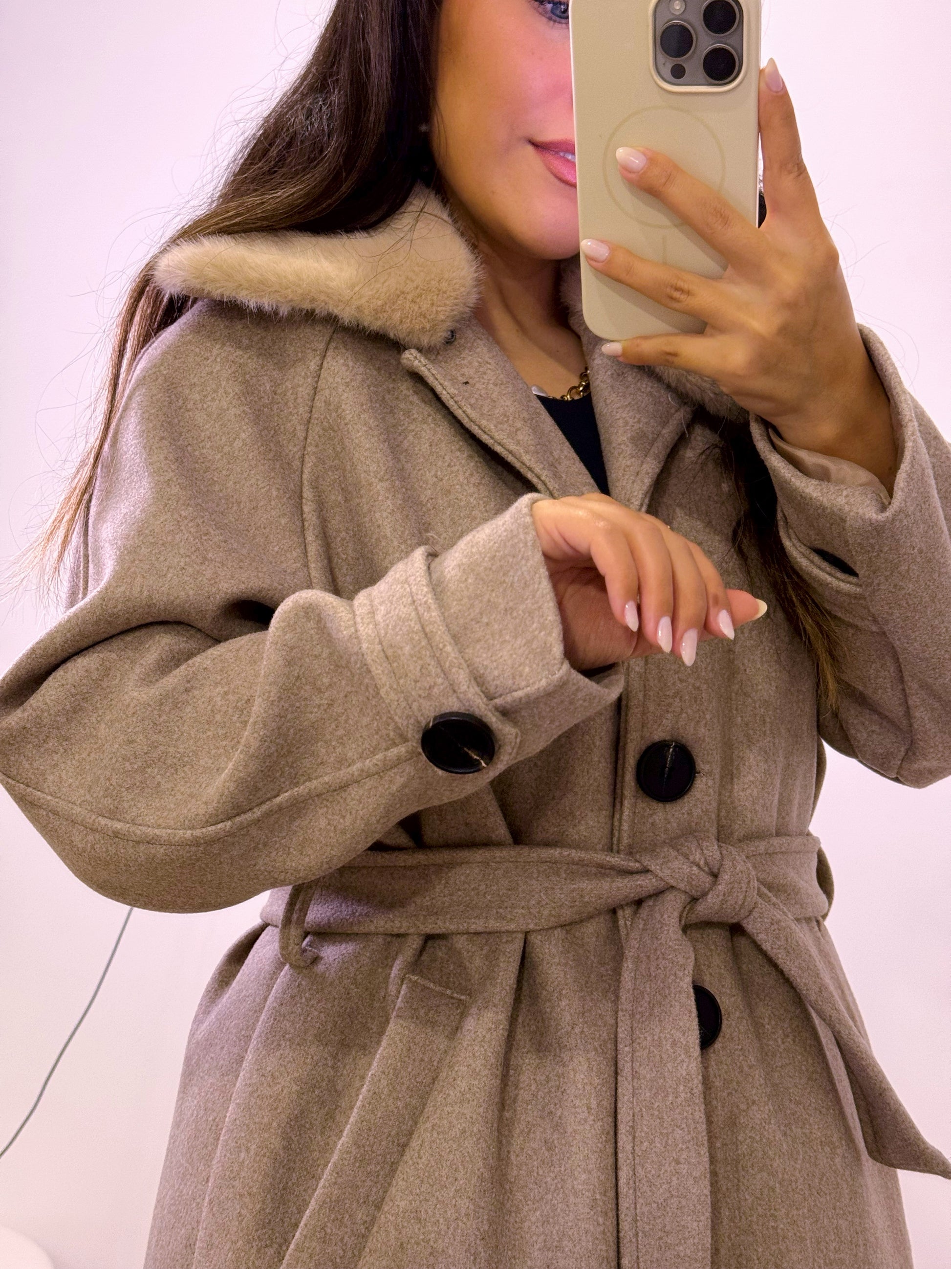 Sobretudo comprido estilo fazenda com gola de pêlo removível | Bege