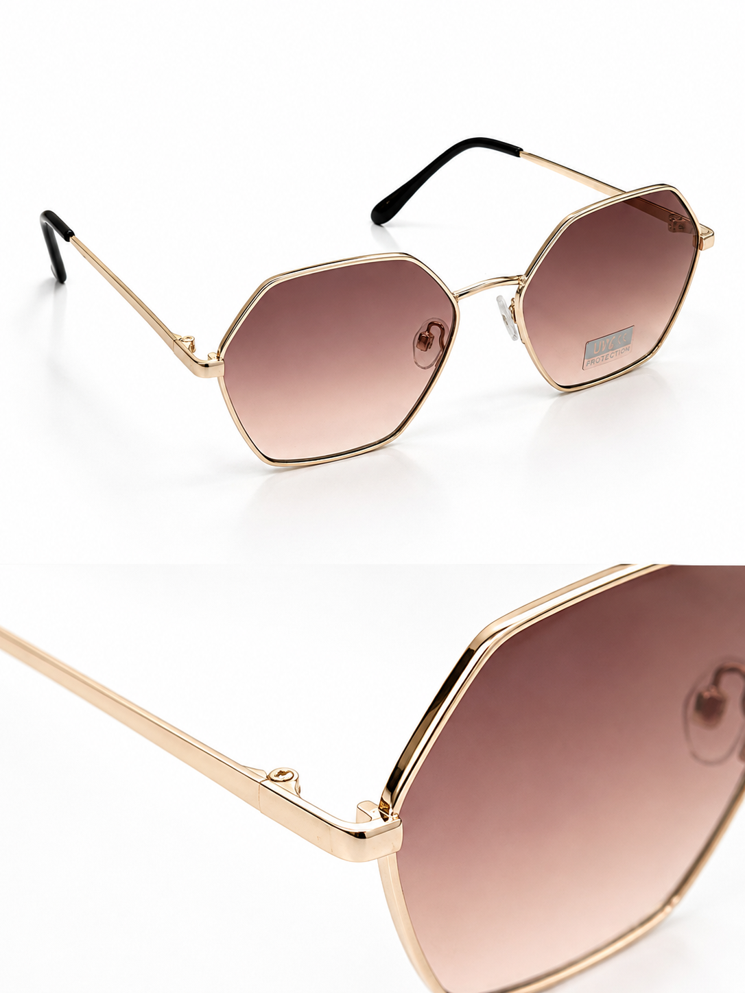 Óculos de metal hexagonais | Dourado com lente Rosa acastanhada