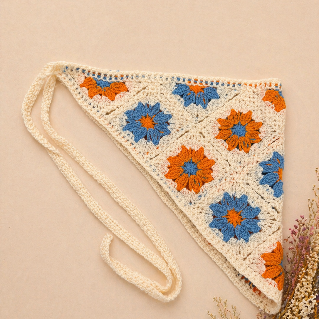 Bandana multifuncional em croché | Bege com Flores Azuis e Laranjas