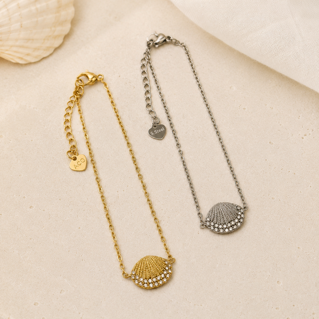 Pulseira delicada • concha com relevos e brilhantes | 2 Cores