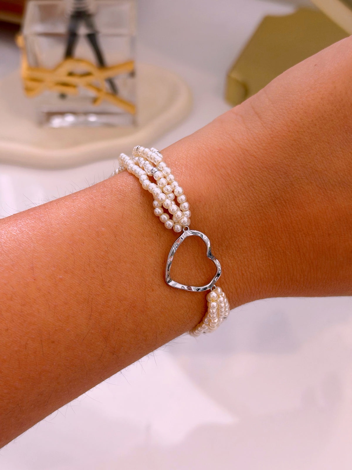 Pulseira de pérolas com coração | Prateado
