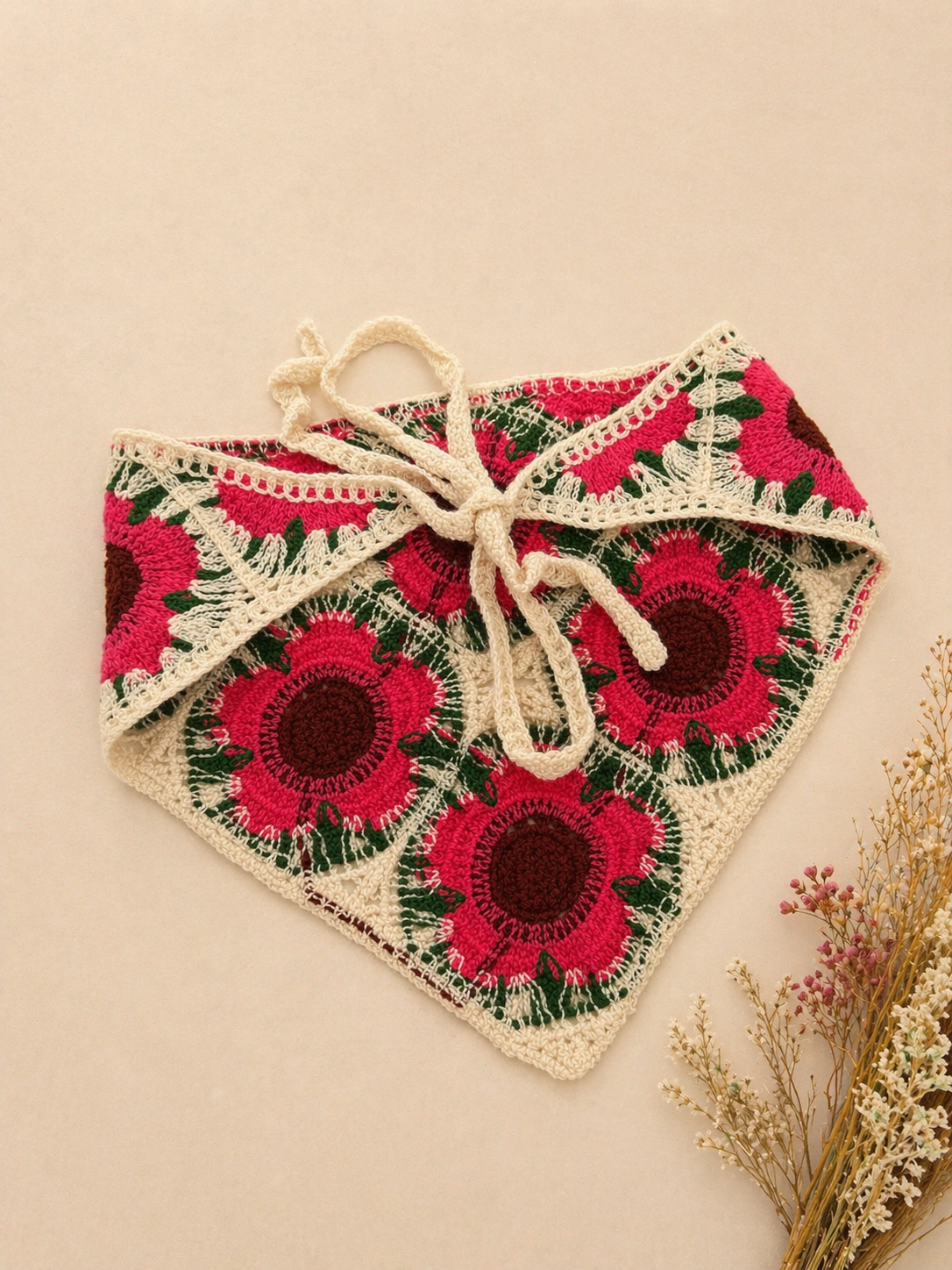 Bandana multifuncional em croché | Bege com Flores Rosa e Bordô