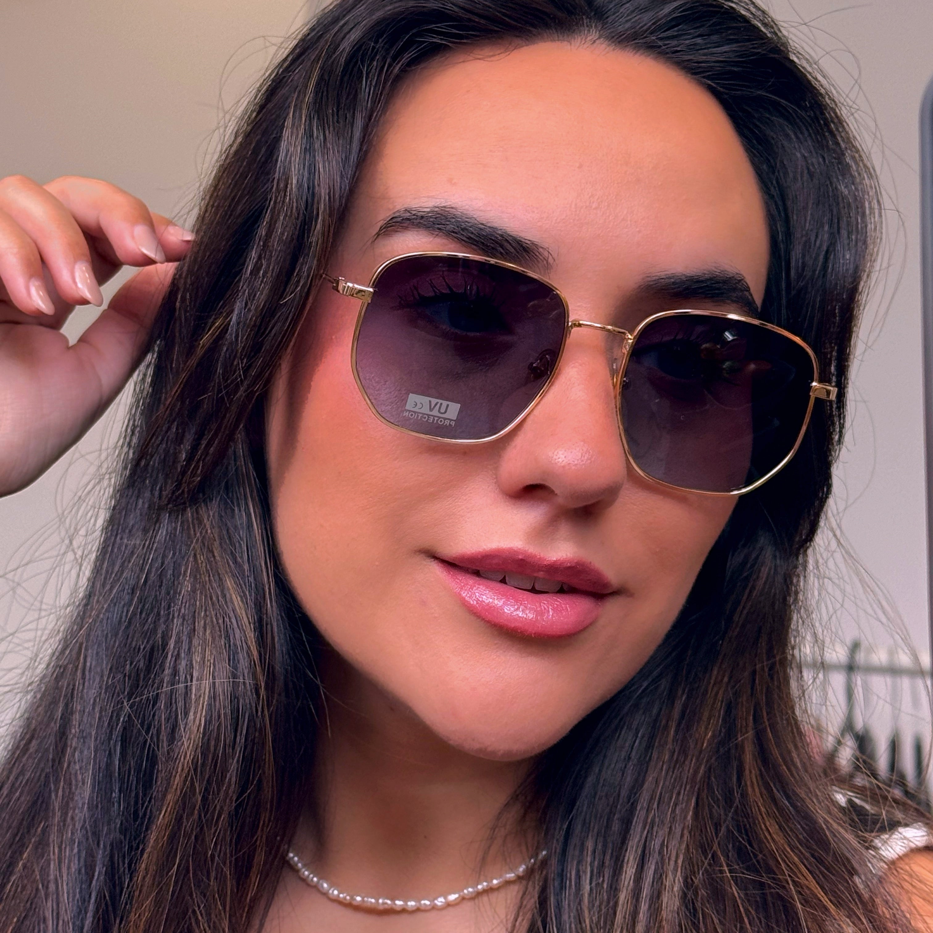 Óculos hexagonais com armação de metal | Dourado com lente azul
