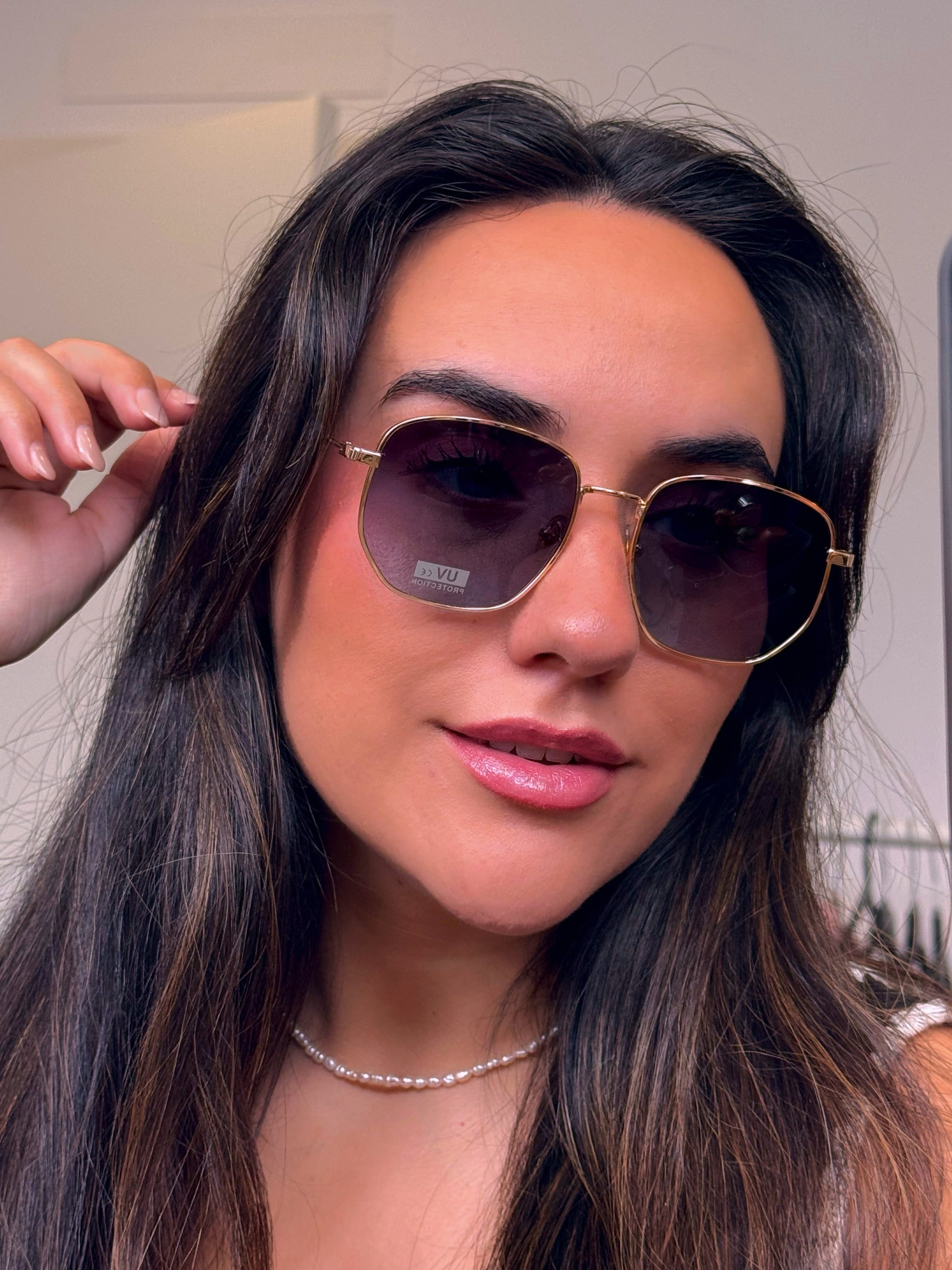 Óculos hexagonais com armação de metal | Dourado com lente azul