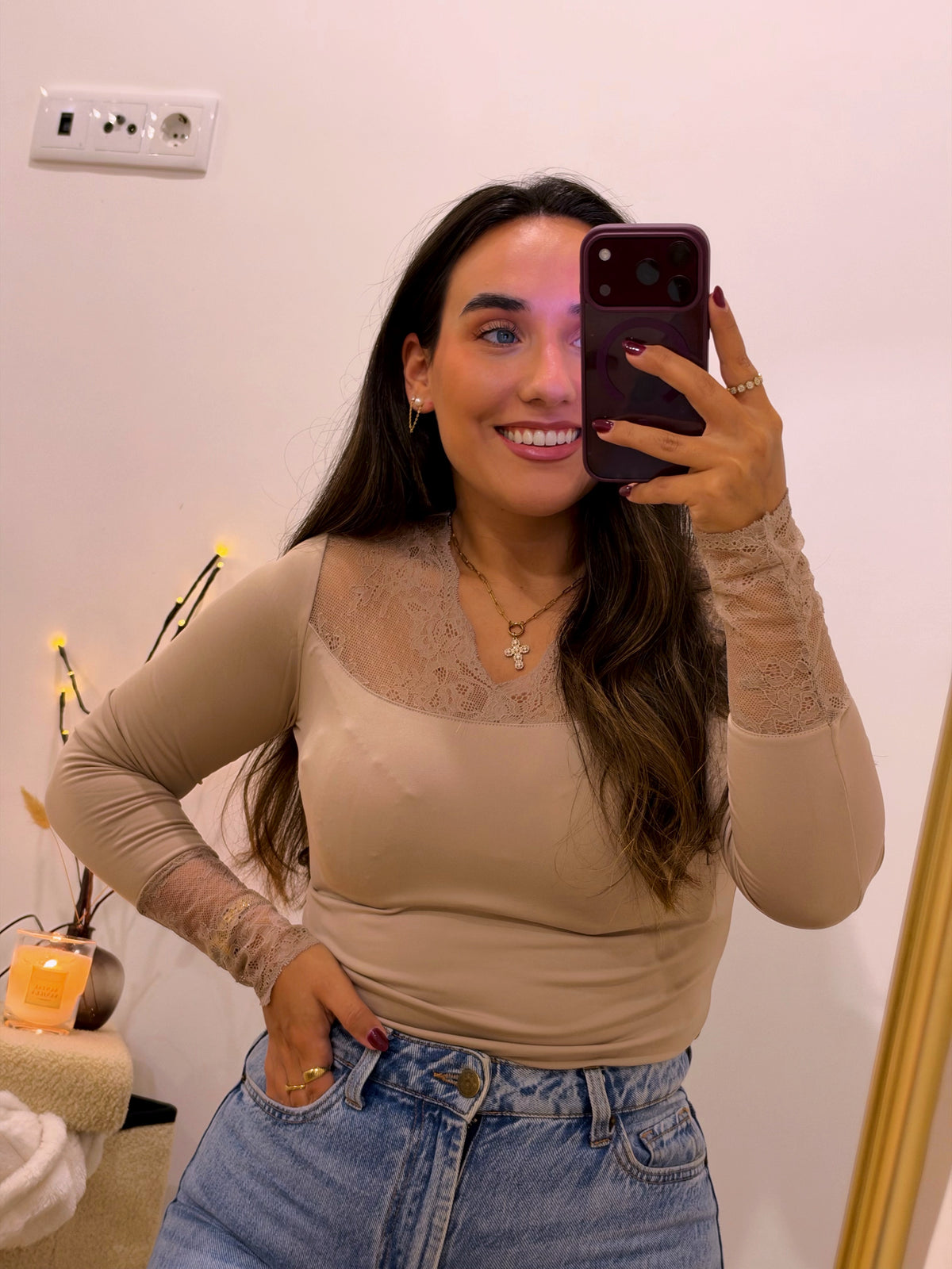 Camisola Térmica Extra Warm com Renda • Bege acastanhado