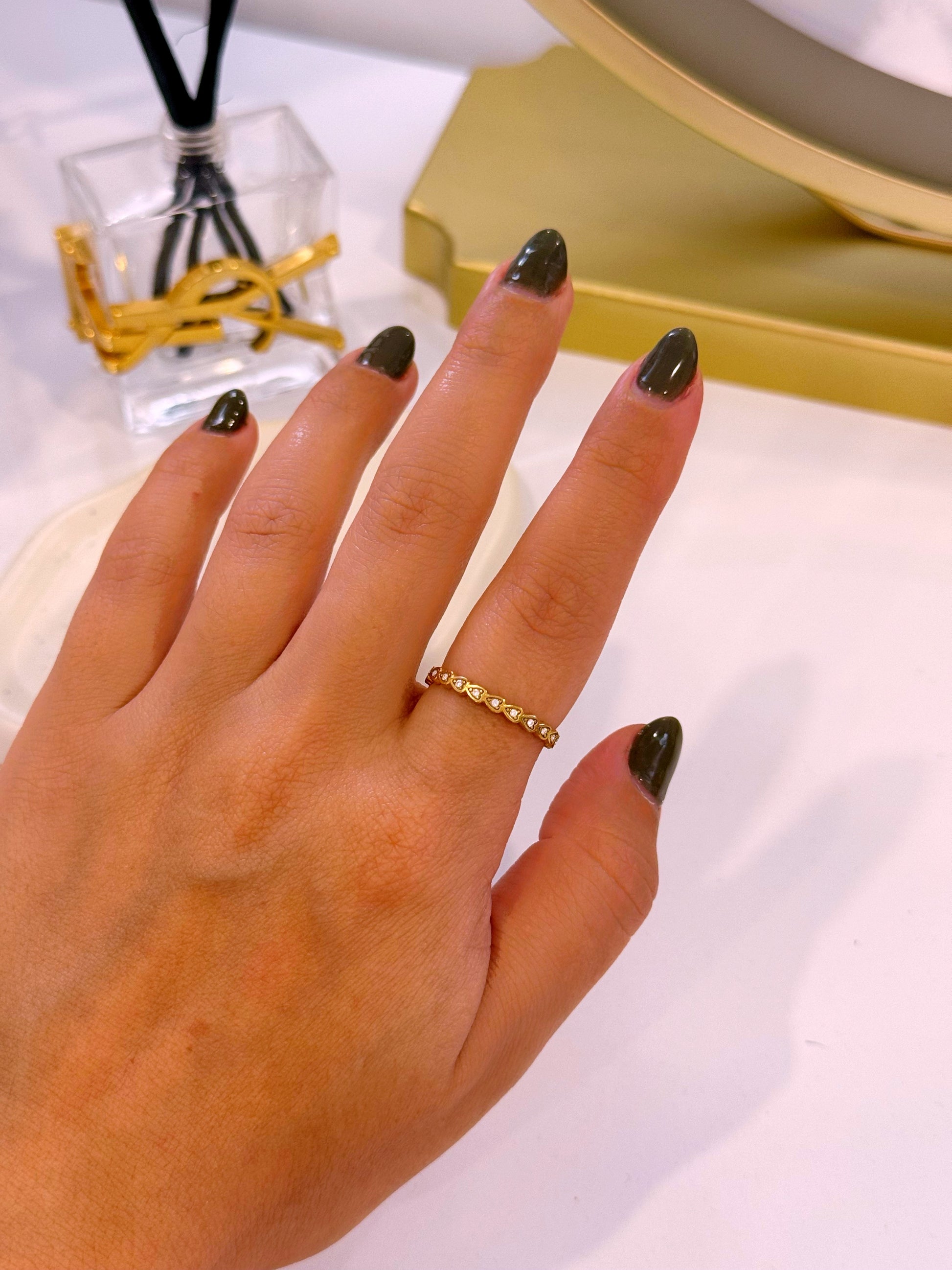 Anel ajustável em aço inoxidável corações e brilhantes | Dourado