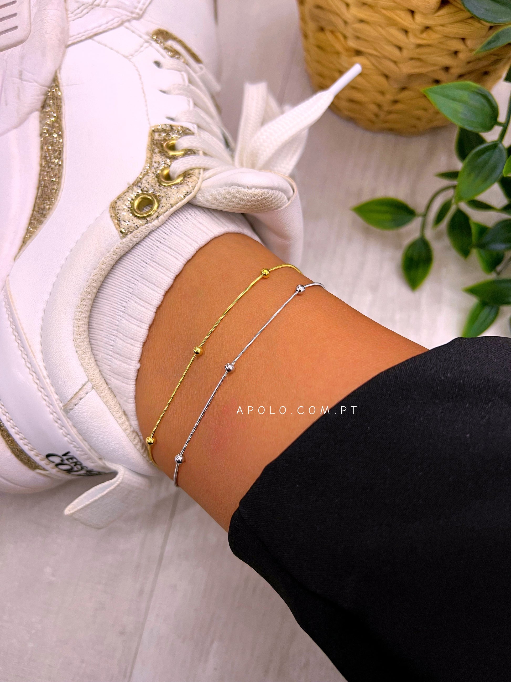 Pulseira de pé malha redonda fininha e bolinhas | 2 cores