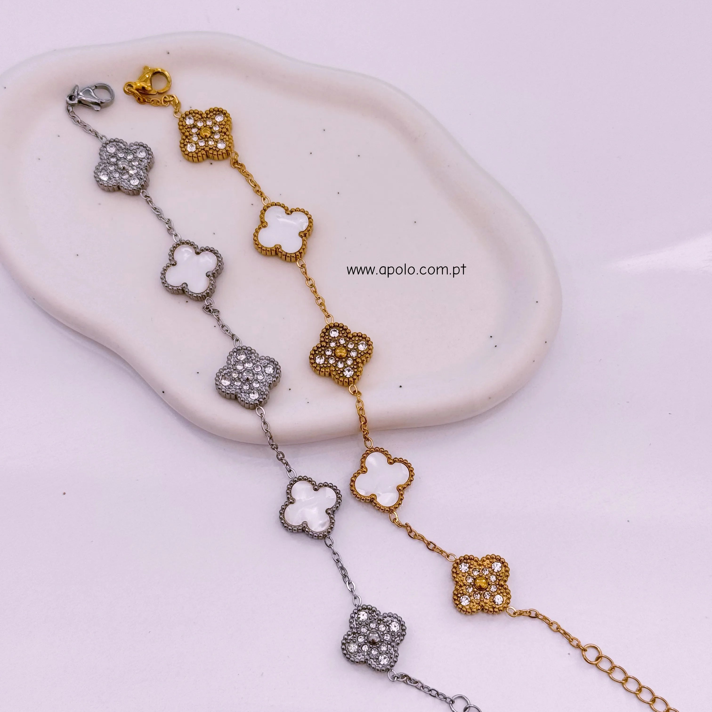 Pulseira 5 trevos reversíveis com brilhantes e madre pérola | 2 Cores