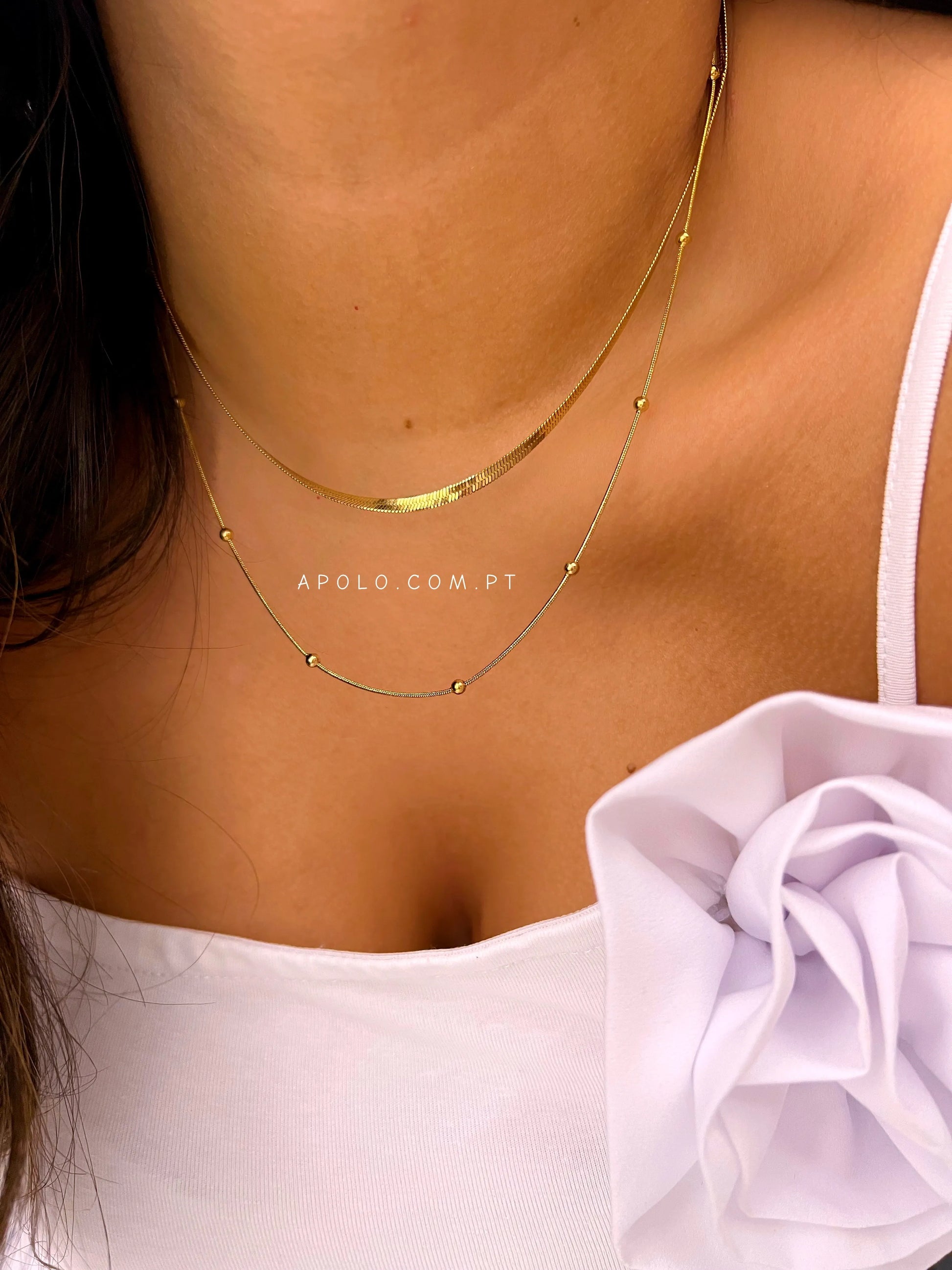 Colar duplo malha achatada e bolinhas | dourado